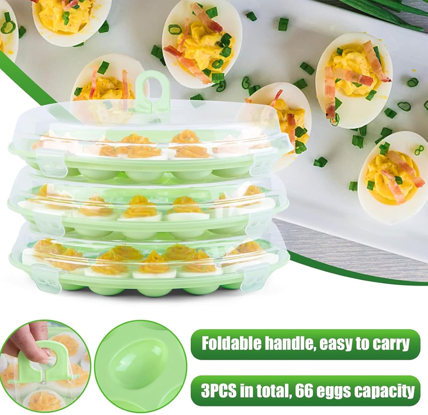 Deviled Egg Containers with Lid, 3 count Deviled Egg Platter Carrier Holder Trays with 66 Slots for Party and Home Kitchen, Green Deviled Egg Containers with Lid, 3 count Deviled Egg Platter Carrier Holder Trays with 66 Slots for Party and Home Kitchen, Green