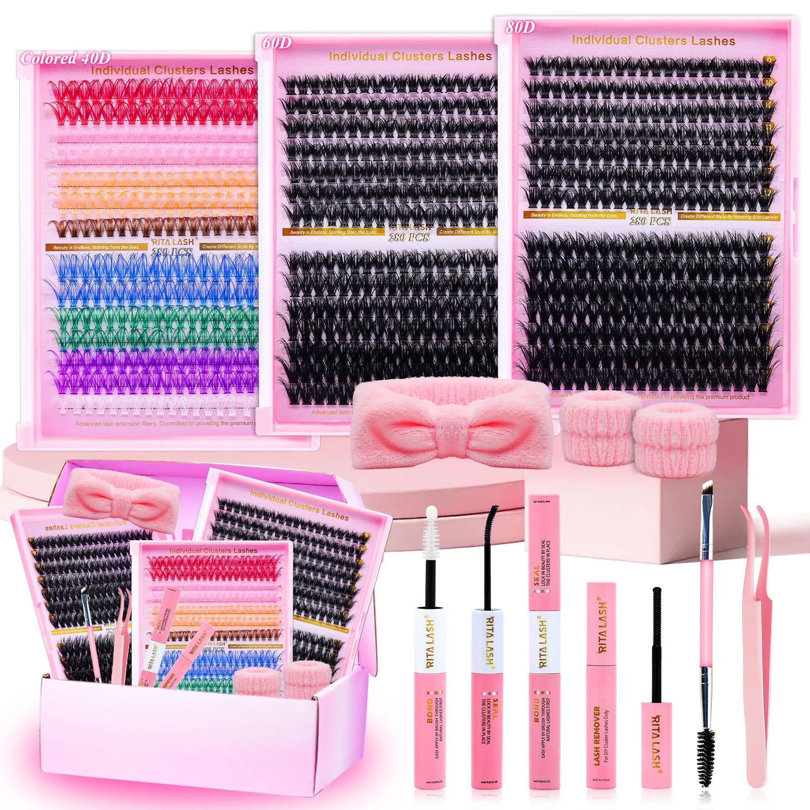 RITALASH 840Pcs Lash Clusters Kit False Eyelash Extensions D Curl Wispy Individual Fake Eyelashes, Voluminous False Eyelashes, Volume Studio Effect, DIY Cluster Lash, Large Pack with Bond&Seal, Tweezers, Remover, Brush, Washset