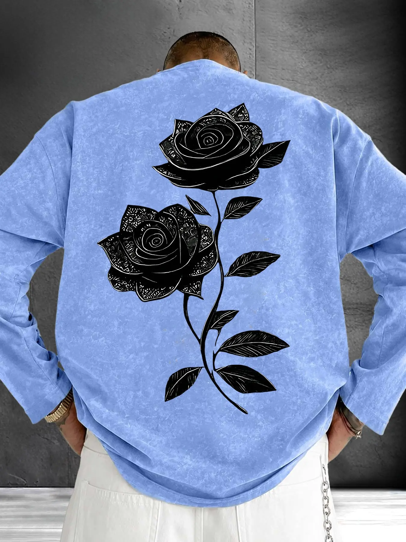 Men Crew Neck Vintage Washed Loose Long Sleeve Top, Front Mini Black Rose Print & Back Large Detailed Black Rose Graphic Soft Curved Hem Street Casual Layering Shirt #BlackRosePrintTop #WashedLongSleeve #GothicStreetShirt