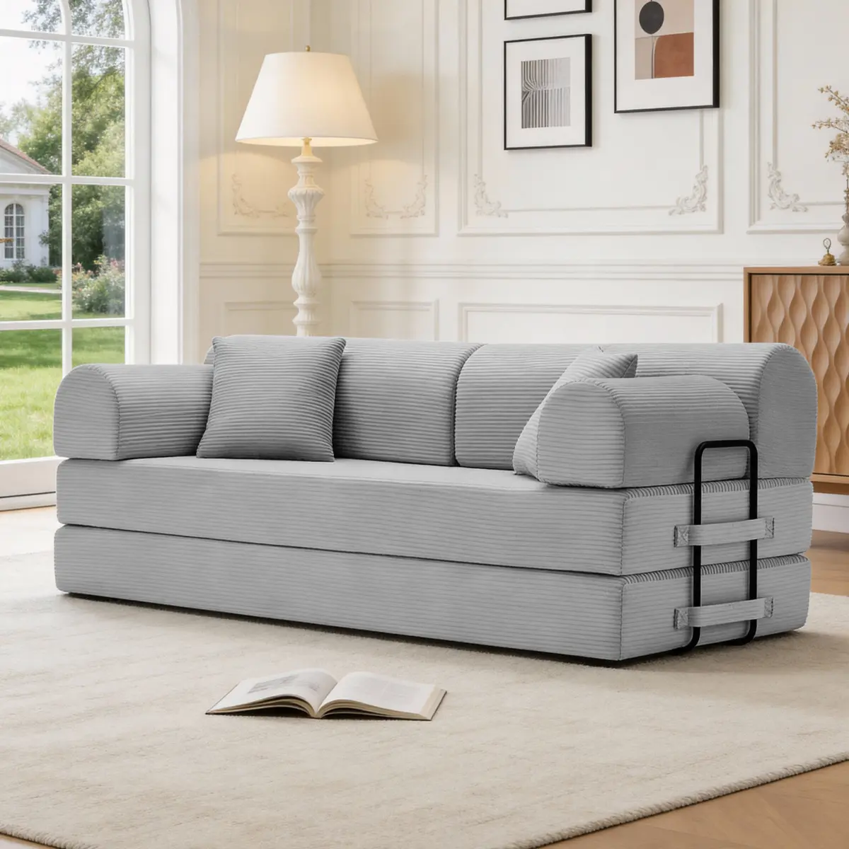 [Fahuac] 4-in-1 Convertible Corduroy 3-Seater Sofa Bed - Light Gray No-Assembly Sleeper, Folds to Loveseat/Chaise Lounge/Daybed, Compressed Flat Floor Couch, Convertible Sleeper Guest Bed Living Room Furniture for Apartments, Convertible Sleeper Living Ro