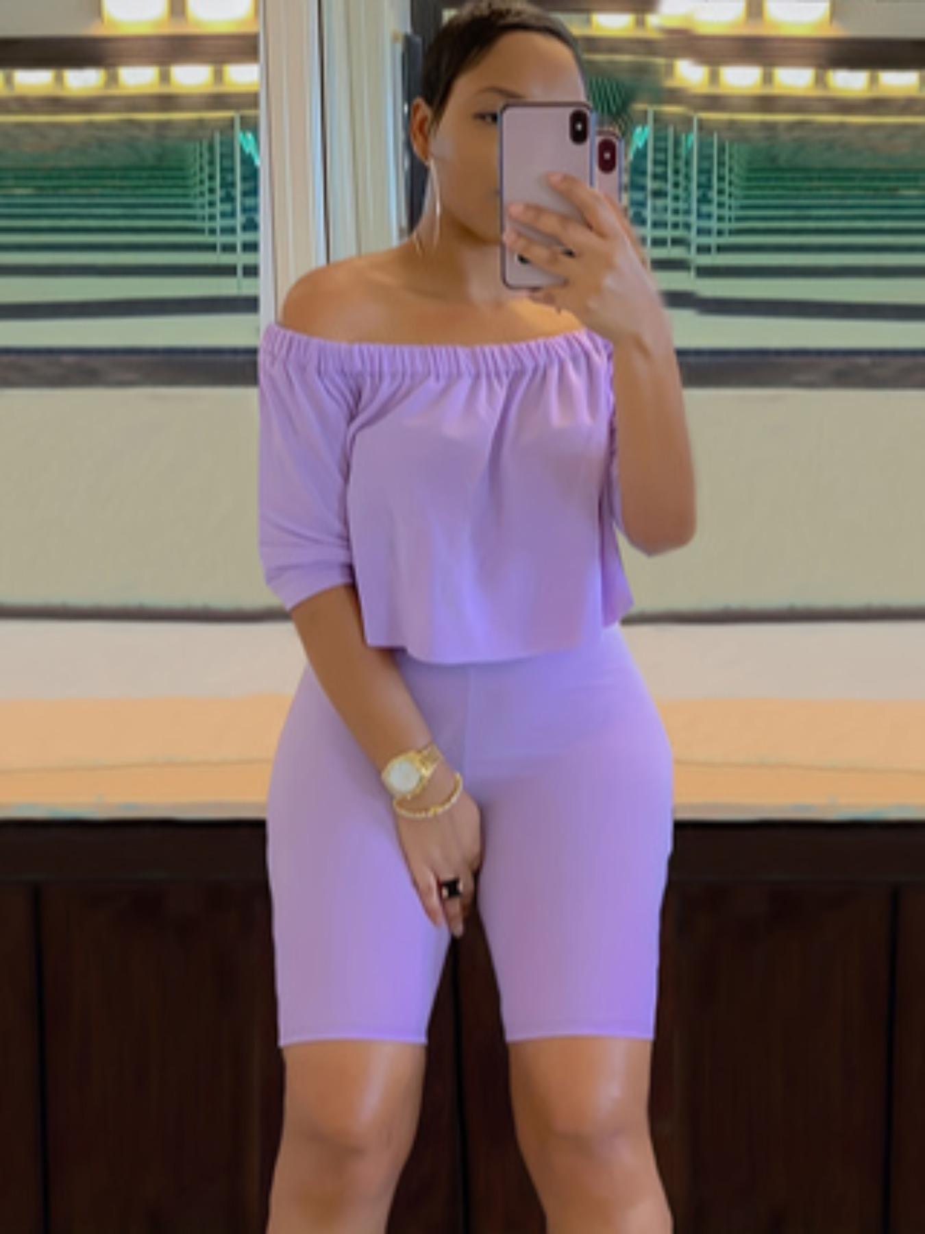 Women's Solid Jersey Ruched Off Shoulder Crop Top & Elastic High Waist Shorts Set, Casual Fashion Half Sleeve Top & Fitted Skinny Shorts, Ladies Summer Clothes