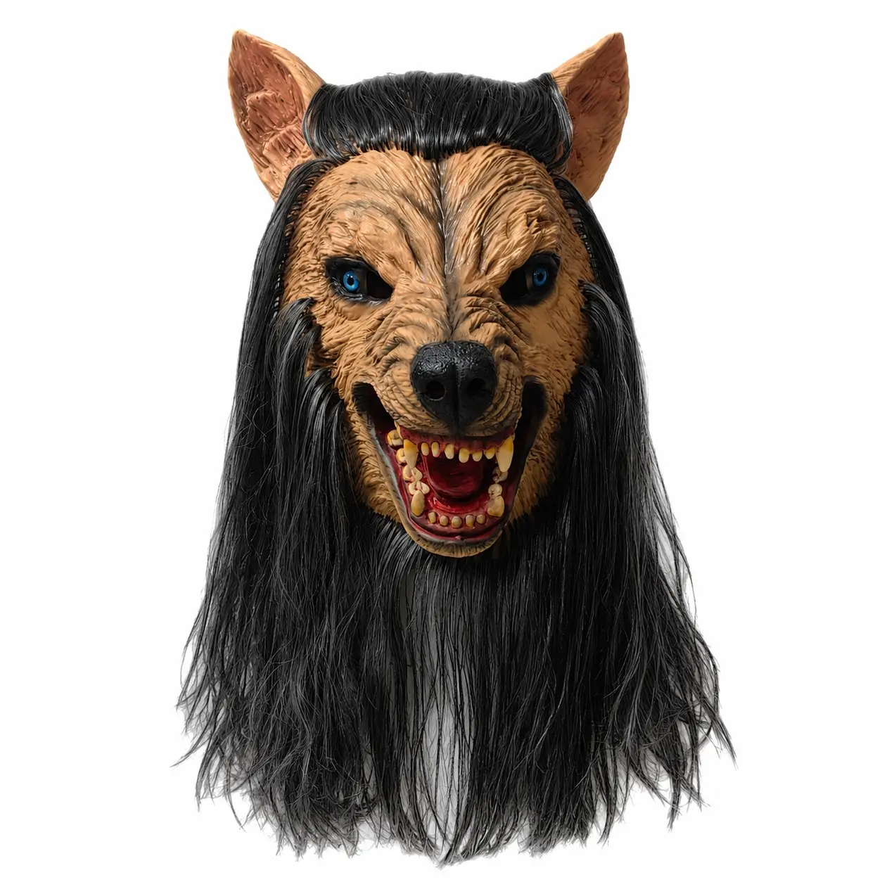 Adult Werewolf Full Head Mask with Long Hair, Scary Wolf Costume Headpiece with Fangs, Halloween Cosplay, Haunted House & Party