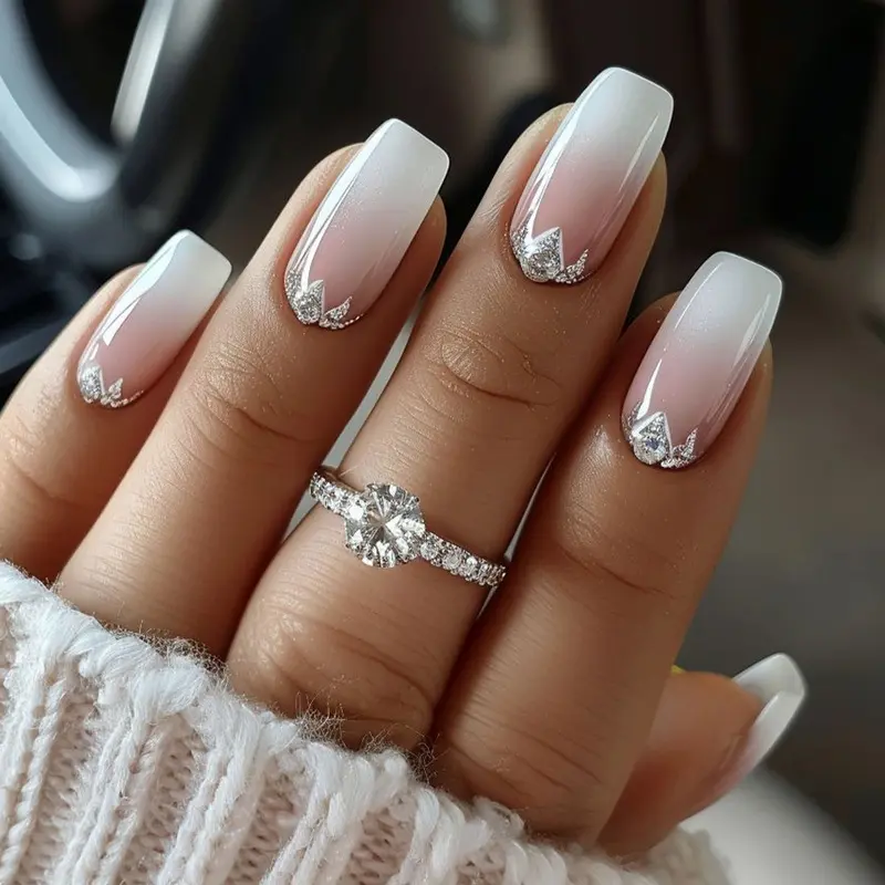 Jade pink and white gradient manicure, silver glitter mountain peak fake nail patches with a high-end feel, cross-border best-selling press-on nails 24Pcs Medium Coffin Glitter Handmade Soft Gel Press On Nails with Glue for Women Long Lasting Fake Nails H