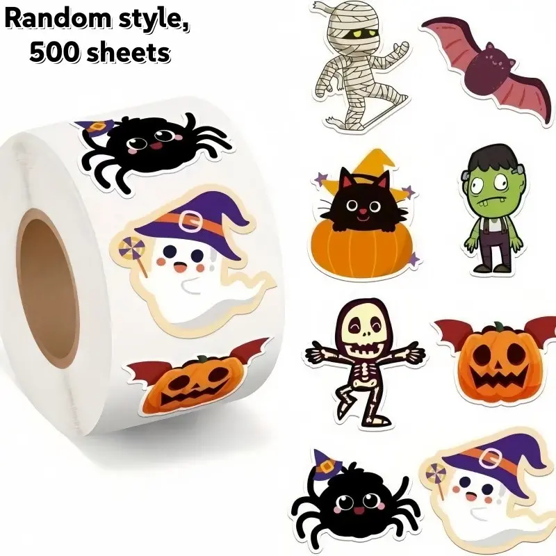 500pcs Cute Halloween Stickers, Self-Adhesive Pumpkin Pattern Roll, Party Decorations, Skateboarding and Biking Accessories