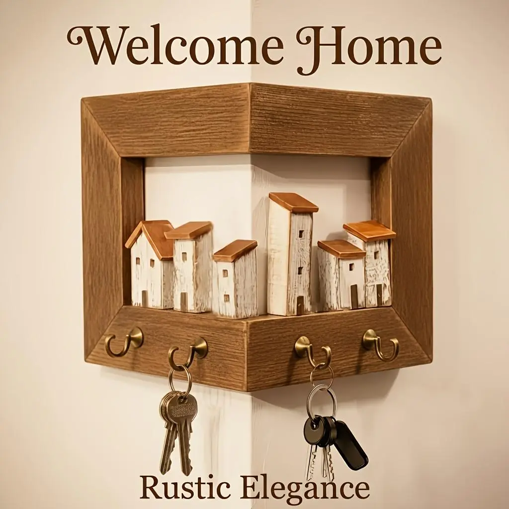 Rustic Wall Mounted Key Rack with 4 Hooks, Includes Hooks, Solid Entryway Organizer, Farmhouse Style Wall Storage Holder for Keys, Jewelry and Small Crafts, Easy to Install, Decorative Wall Ornament for Hallway & Bedroom, Practical Home Gift