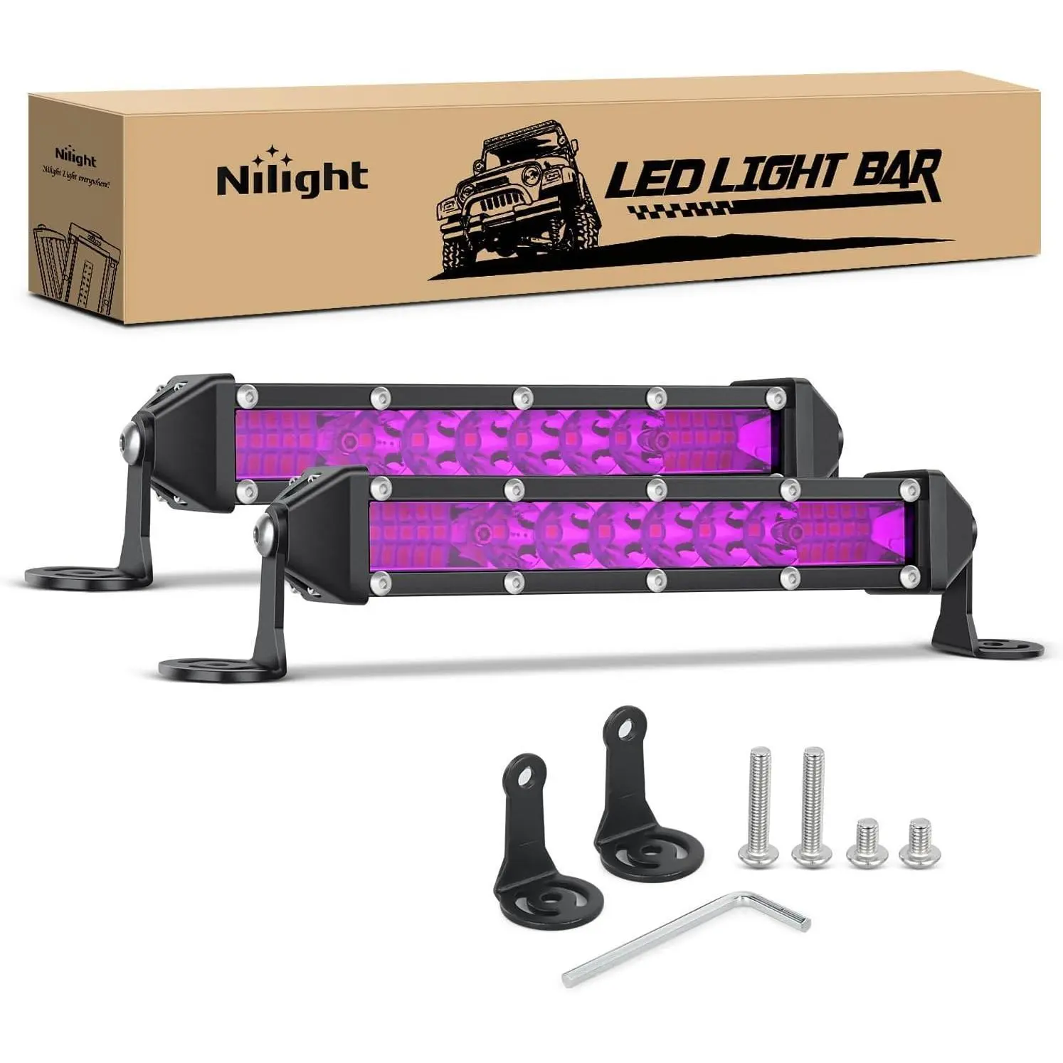 Nilight Slim Aluminum LED Light Bar - 2Pcs 7in 16LED Single Row Spot-Flood Combo Purple Off-Road Driving Fixtures, 12V-24V Emergency Flash Work Lights for ATV, UTV, Pickup Truck, Tractor, Dirt Bike, Roof Rack, Car Bumper