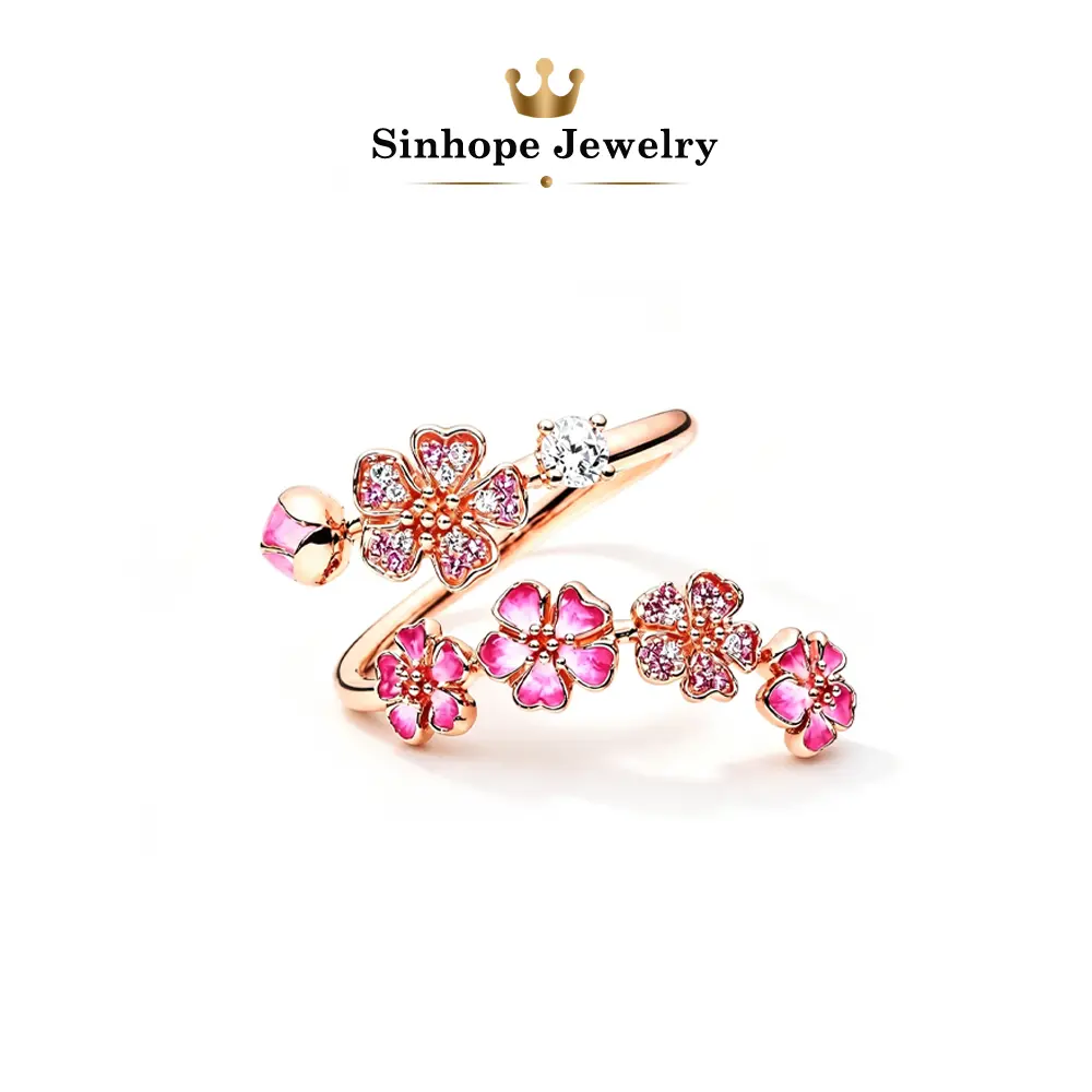 Tone Adjustable Open Cherry Blossom Ring, Pink Enamel Sakura Floral Ring With Inlaid Cubic Zirconia, Band Width 3.6mm, Weight 4.5g, Nickel-Free Hypoallergenic Spring Nature Jewelry, Elegant Daily Promise Ring, Birthday Valentine Gift for Women