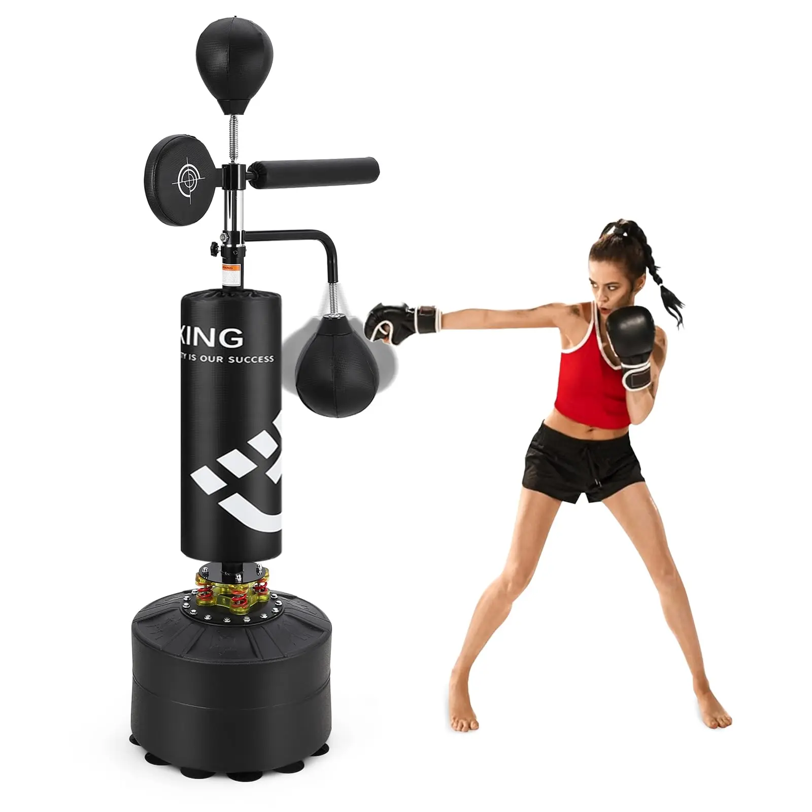 5-in-1 Freestanding Punching Bag for Adults & Teens, Adjustable Height Heavy Boxing Bag with 360° Rotating Bar, Dual Speed Bags & Stable Base for Home Gym Training