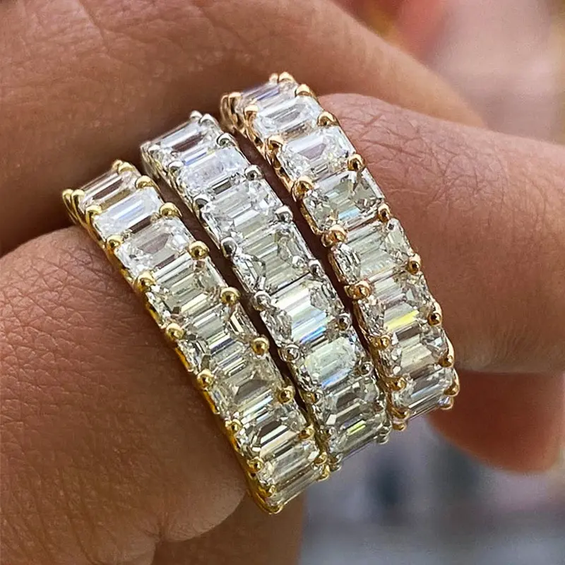 Women's Creative Full Eternity Full Band Ring, Multi-Tone Metal-Plated, Emerald Cut Zircon Inlay, Stackable Elegant Proposal Wedding Jewelry, Resizing Yes, Ideal Anniversary Gift for Brides