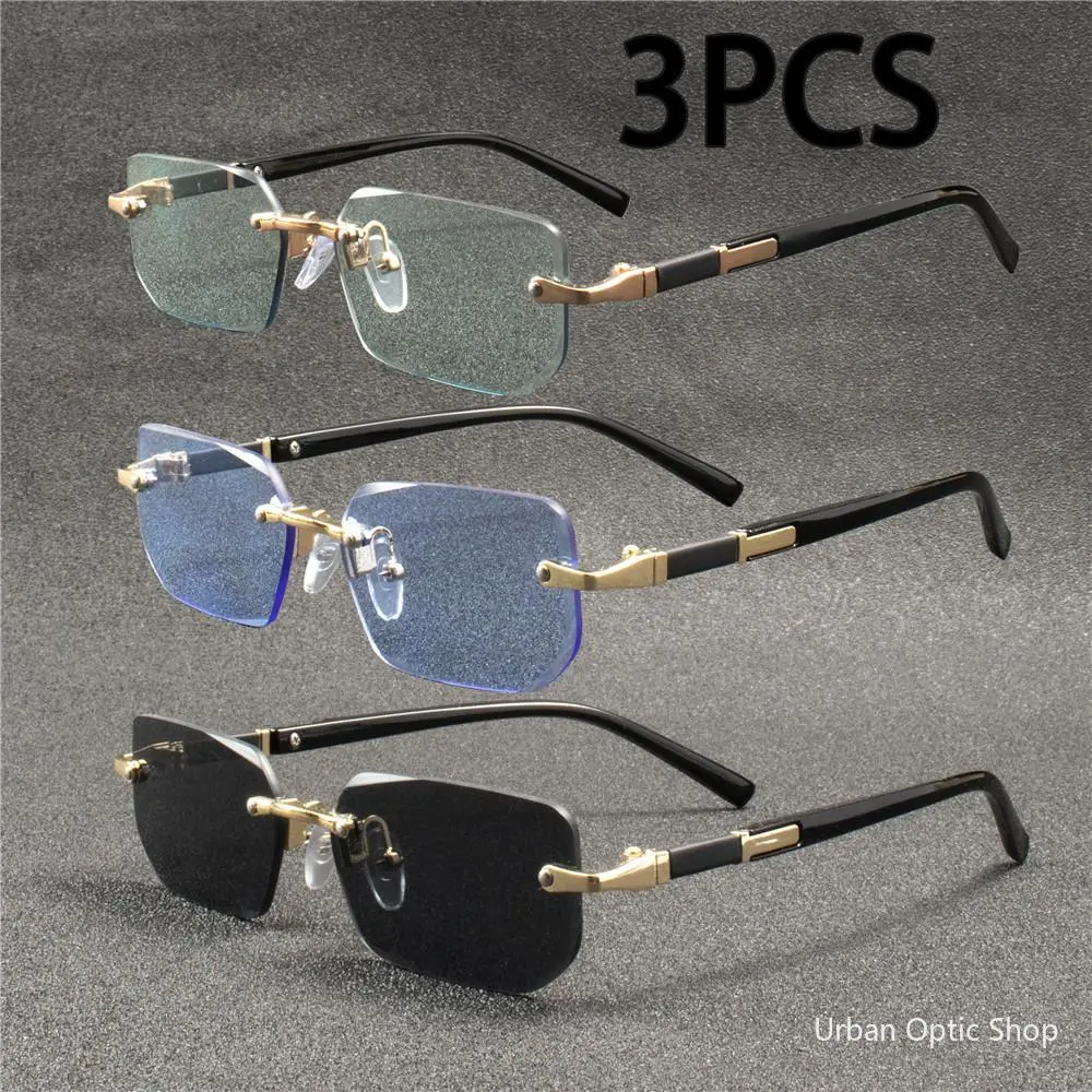 XUH 3 Pack Rimless Rectangle Sunglasses, Metal Gold Trim UV400 Anti-Glare Multi-Color Lens Unisex Lightweight Shades for Men Women Summer Travel Driving Daily Outdoor