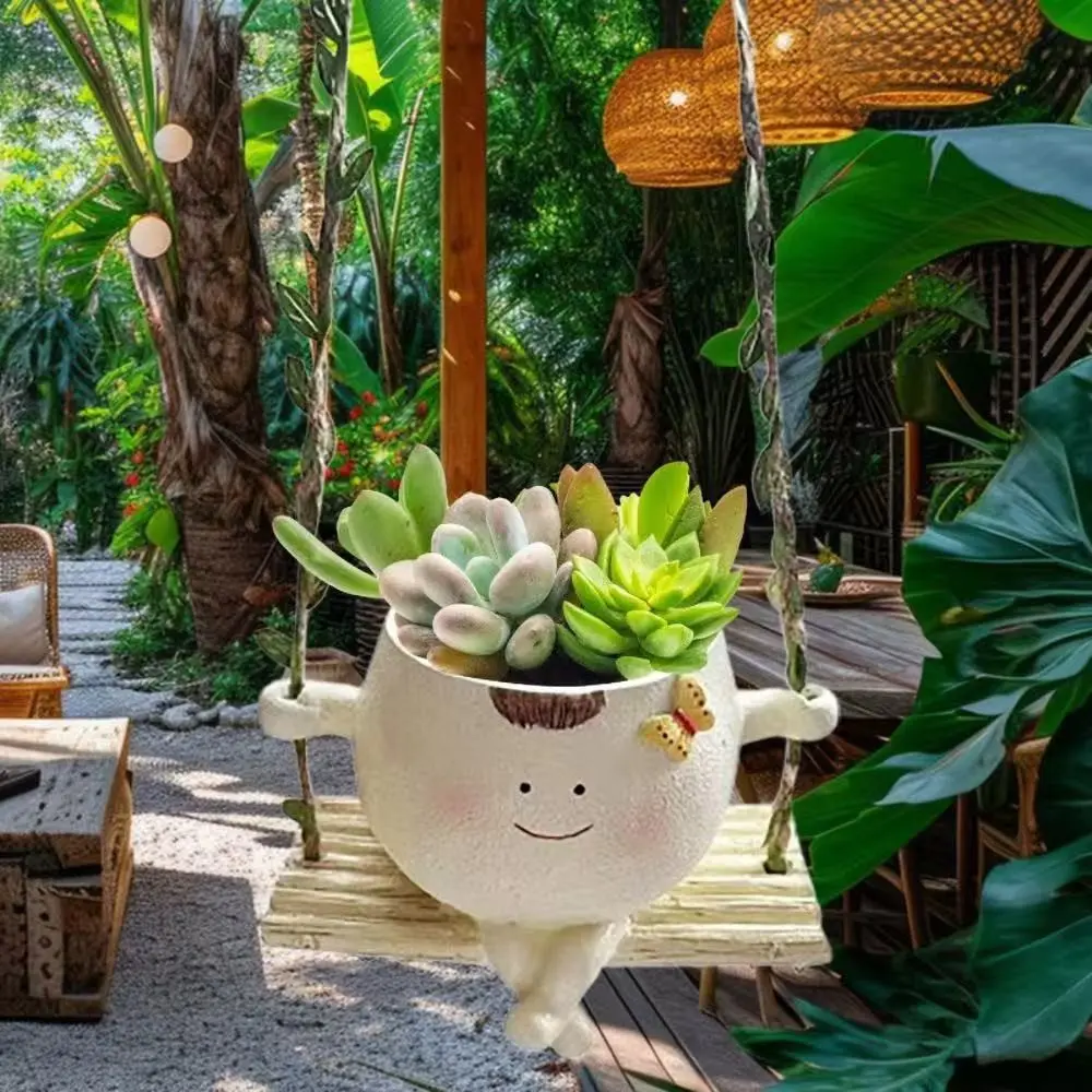 Cute Hanging Succulent Planter, Smiley Resin Swing Basket, Creative Hanging Plant Container, Indoor Outdoor Garden Decor, Gift for Plant Lovers