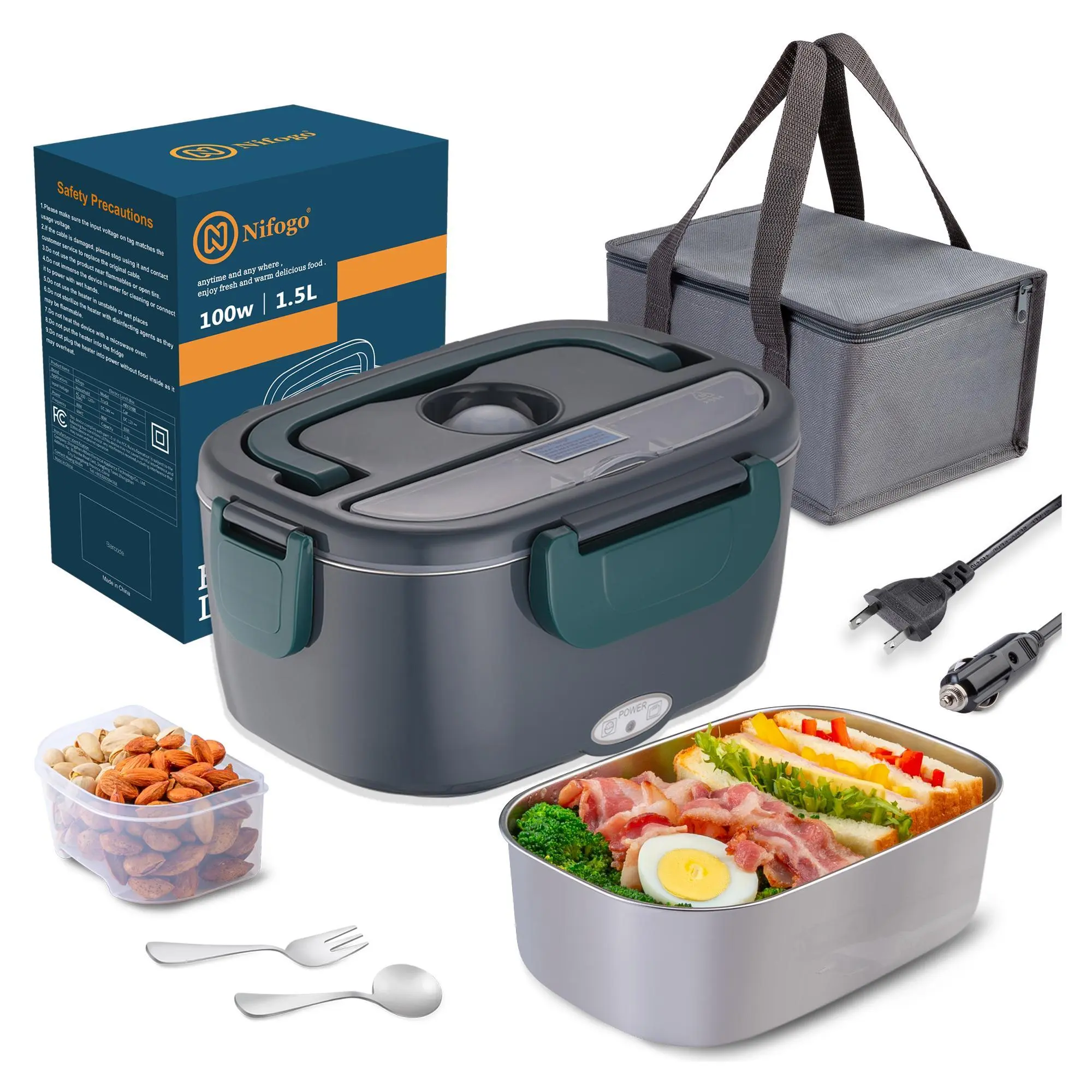 Nifogo 80W 1.8L Stainless Steel Electric Lunch Box - Stylish Modern Square Shape Portable Carry Food Heater with Display Screen, 12V/24V/110V for Work/School (Black, Camp Kitchen Essential), Tableware, Heating Lunch Box, Thermal Box, User-Friendly