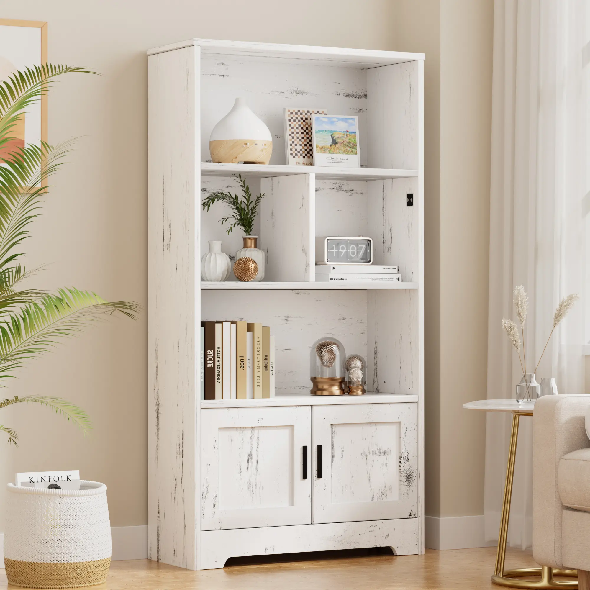 Garvee Farmhouse White Bookcase with LED Lights - 58" Tall 3-Shelf Wood Bookshelf with Doors - Floor-Standing Display & Storage Cabinet for Home Office, Living Room, Bedroom