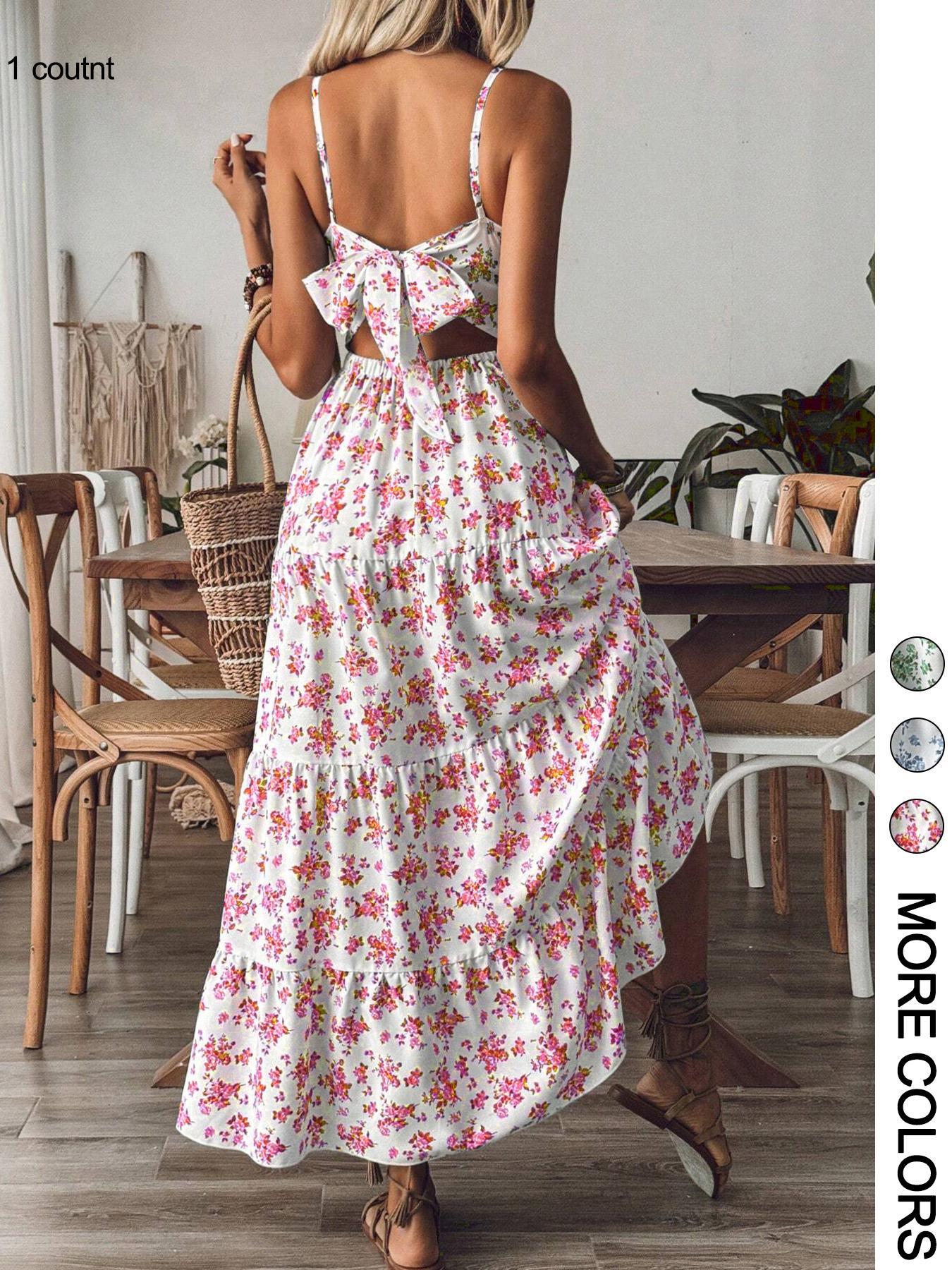1pc Women's Floral Tiered Maxi Dress, Spaghetti Straps & Back Cutout Bow Detail & Flowy Tiered Skirt & Lightweight Material & Multiple Floral Patterns & Frill Ruffle Hem, Floral Print Dress