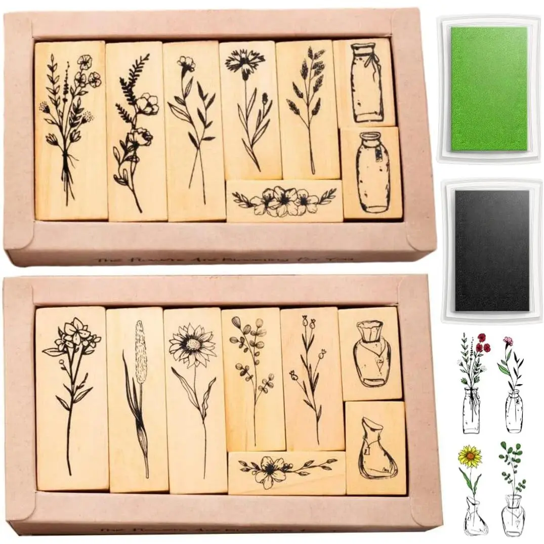 18 Pcs 2 Styles Plant Rubber Stamps for Crafting, Green and Black Ink Wooden Flower Stamps