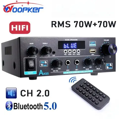 WOOPKER AK55 2.0 Channel Stereo Amplifier with Bluetooth 5.0, 900W Max Power, USB, RCA, AUX, Optical/Coaxial, 2 Mic Inputs, Compact Design, Class D Home Audio Receiver