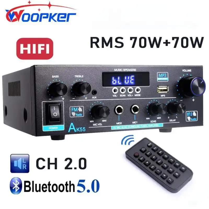 Woopker AK55 Compact 2.0 Channel Bluetooth 5.0 Audio Amplifier, 600W Stereo Receiver with Wireless Smartphone Compatibility, Remote Control, AUX, RCA, Echo, USB, 2 MIC Inputs for Home Party, Karaoke