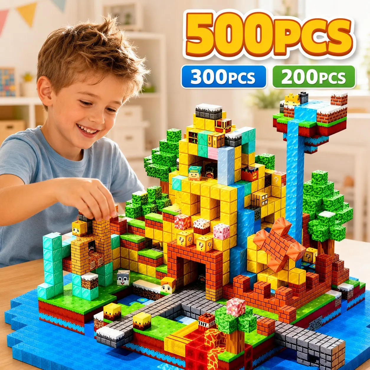 500pcs Pixel Mining World Magnetic Building Cubes, 3D Pixel Style Blocks, DIY Stacking Toy, Stem Educational Playset, Building Block Sets for Kids Ages 3+
