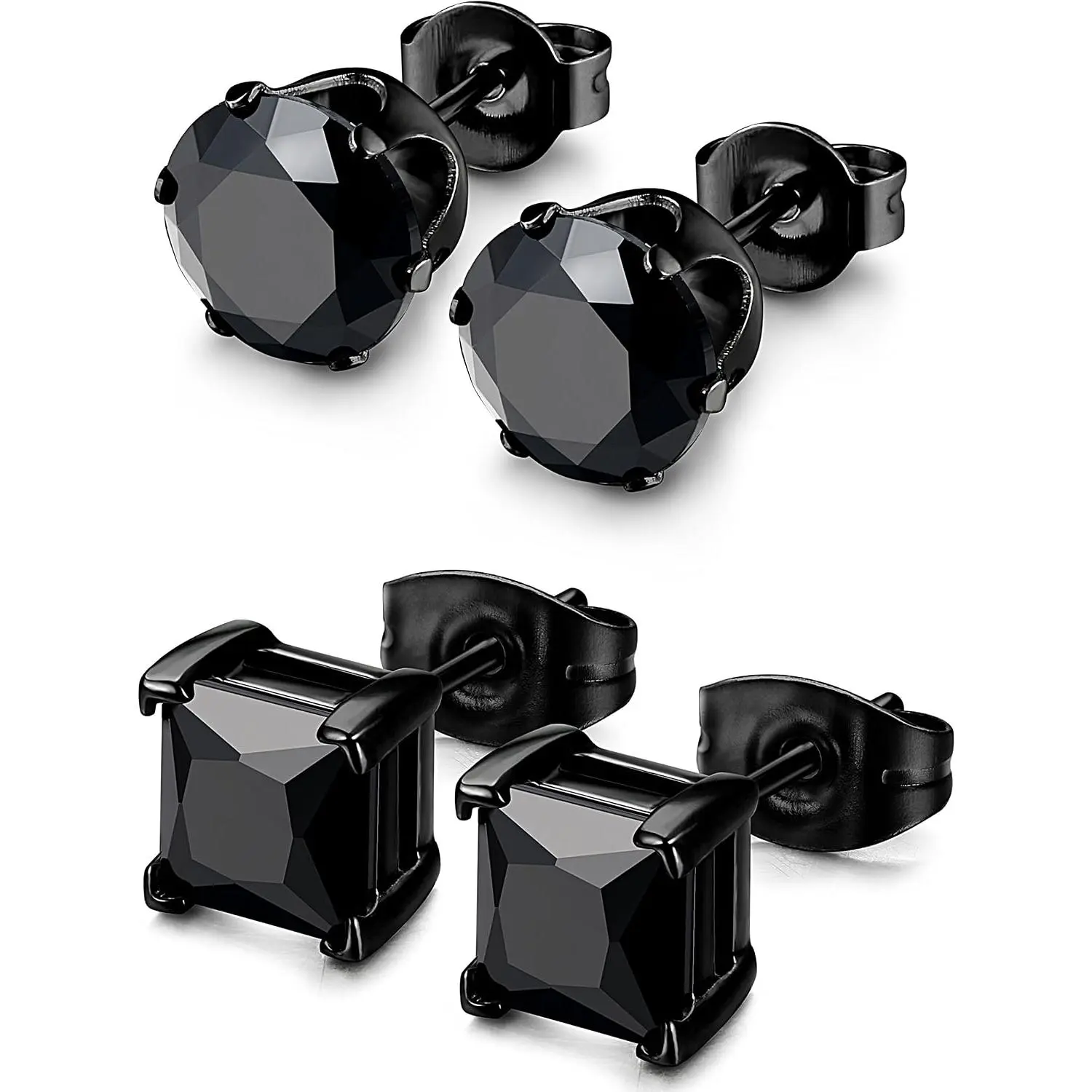 2Pairs  Black Stud Earrings for Men Women 3-8MM | 316L Stainless Steel Mens Earring Square Round Cubic Zirconia Studs Earring  Set for  Ears Men's