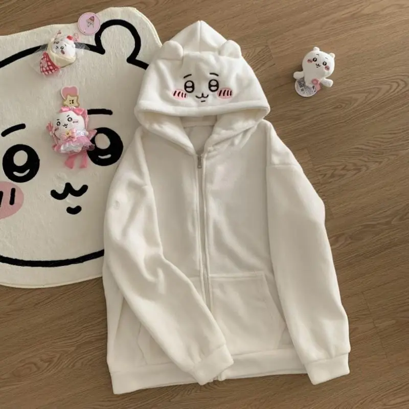 Kawaii Chiikawa Embroidered Hoodie - Japanese Hachiware Usagi Cartoon Embroidery, Aesthetic Casual Warm Sweatshirt, Cute Loose Hooded Coat for Girls (DIY Specialty Supplies), Embroidered Hoodies
