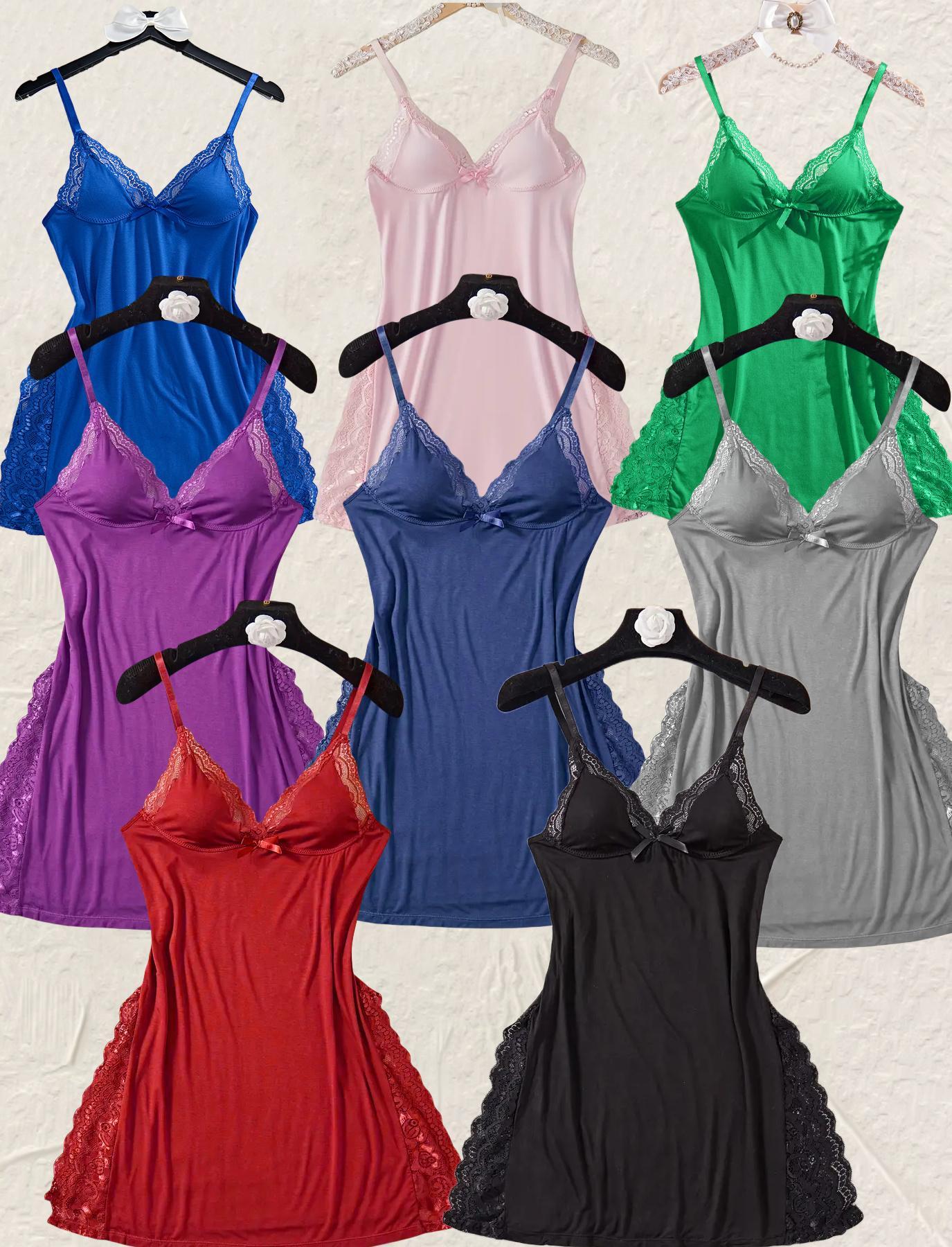 Women's Contrast Lace Bow Front Split Backless Cami Nightdress, Breathable Sleep Dress for Women, Soft Comfortable Solid Spaghetti Strap Nightgown for Women