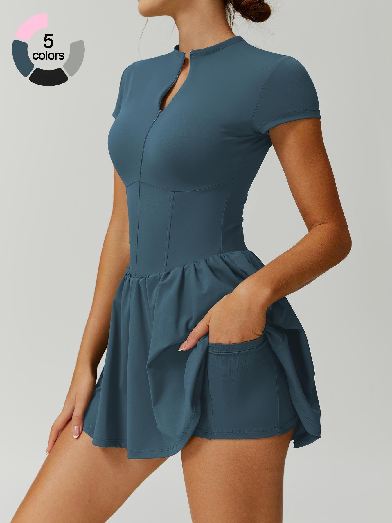Women's Sporty Zipper Waist Golf Tennis Dress Skirt, Above Knee Tight-Fit Short Sleeve Summer with Storage Pockets Golf Athletic Dress