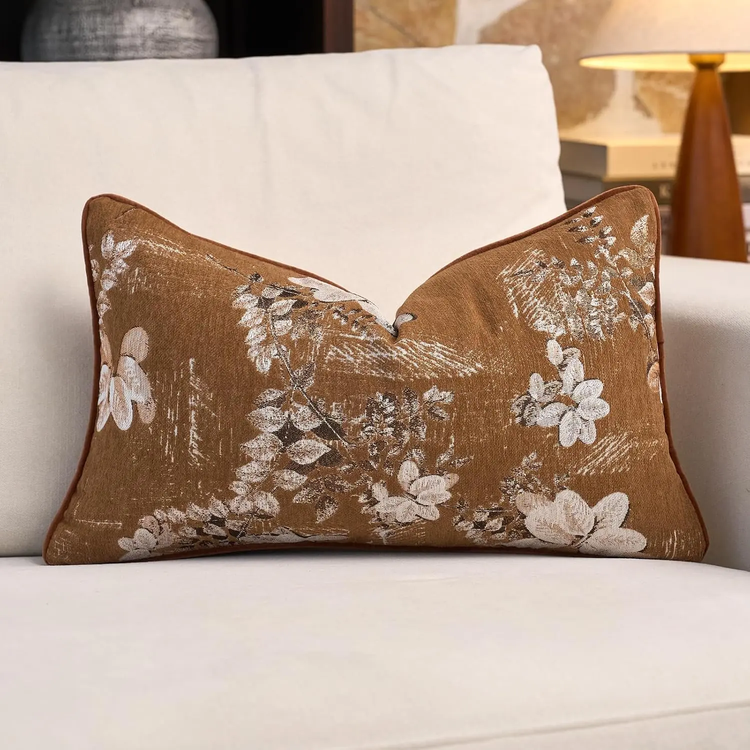 Decorative Chenille Floral Throw Pillow Cover  Couch Pillow Cover 12x20 Inch Neutral  Cushion Cover  Decor for Sofa Bedroom Living Room, Brown