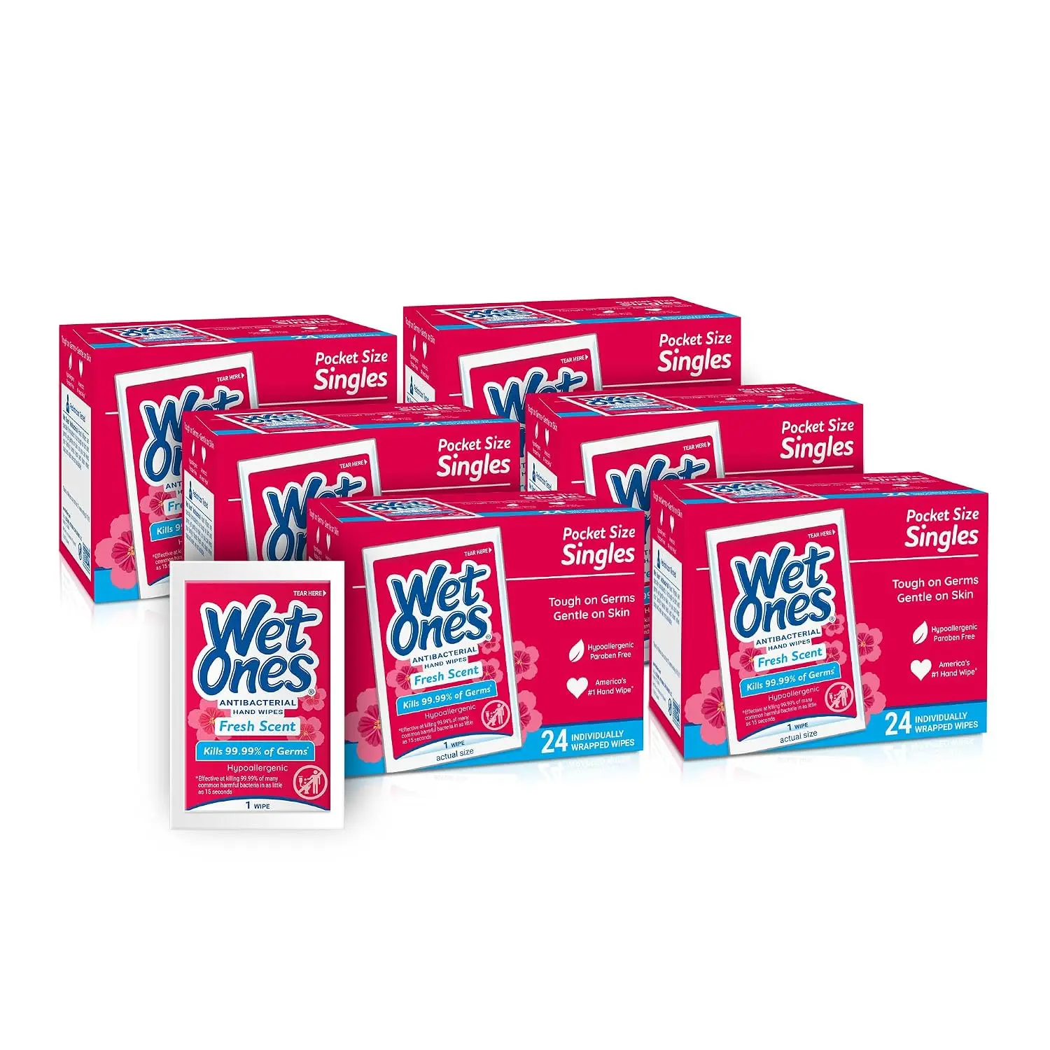 Antibacterial Hand Wipes Singles, Fresh Scent, 24 Count Each, 6 Pack