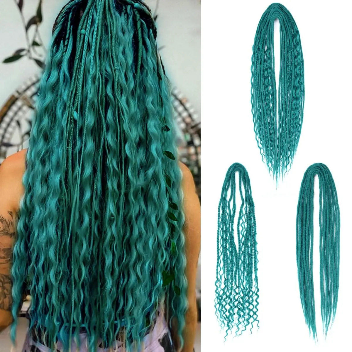30 Inch 30 Strands SE Dreadlock Extensions,3 In 1  Synthetic Dreads Extensions,Black to Teal Green Curly&Straight&Boho Single Ended Dreads Extensions Hippie Style Dreadlock for Women