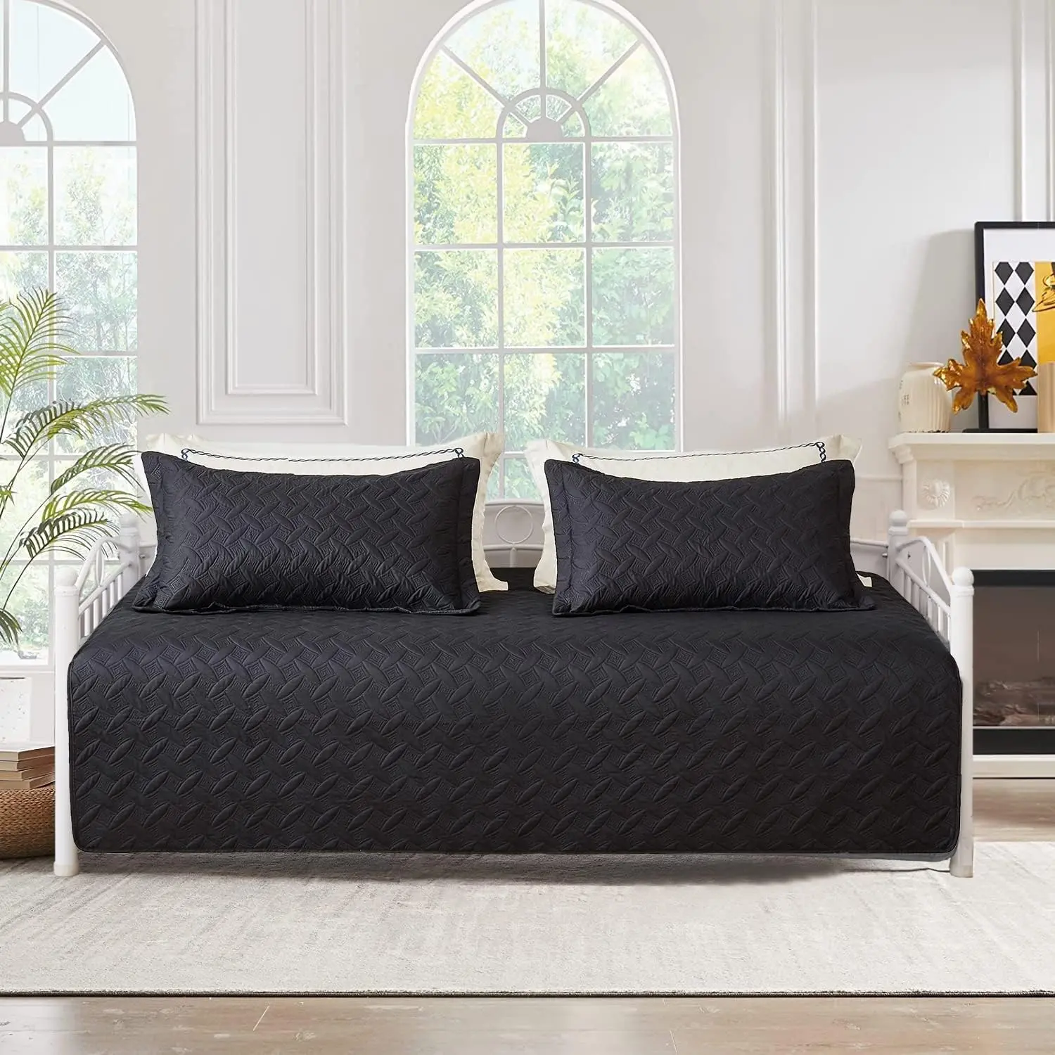 3 Pcs Black Sofa Daybed Cover Set, Twin Size Double Sided All Season Cozy Bedding, Solid Color Classic Design Daybed Quilt Set with Matching Shams, 39"x75"