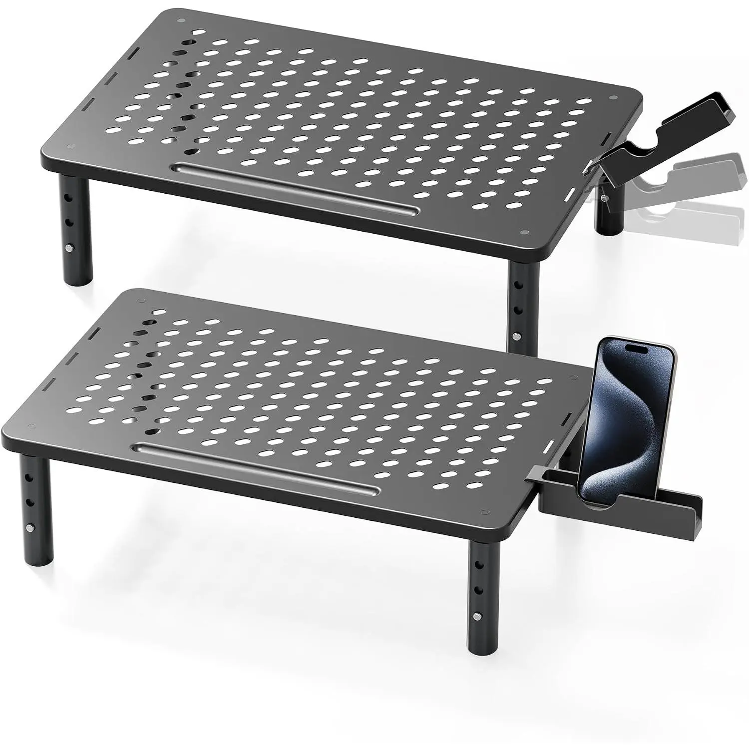 Computer Monitor Stand Riser for Desk, 3 Height Adjustable PC Laptop TV Desktop Monitor Stand Shelf, Metal Printer Table with Phone Holder, Stand Riser for Desk, Office Desk Organizers and Accessories, 2 PackGift