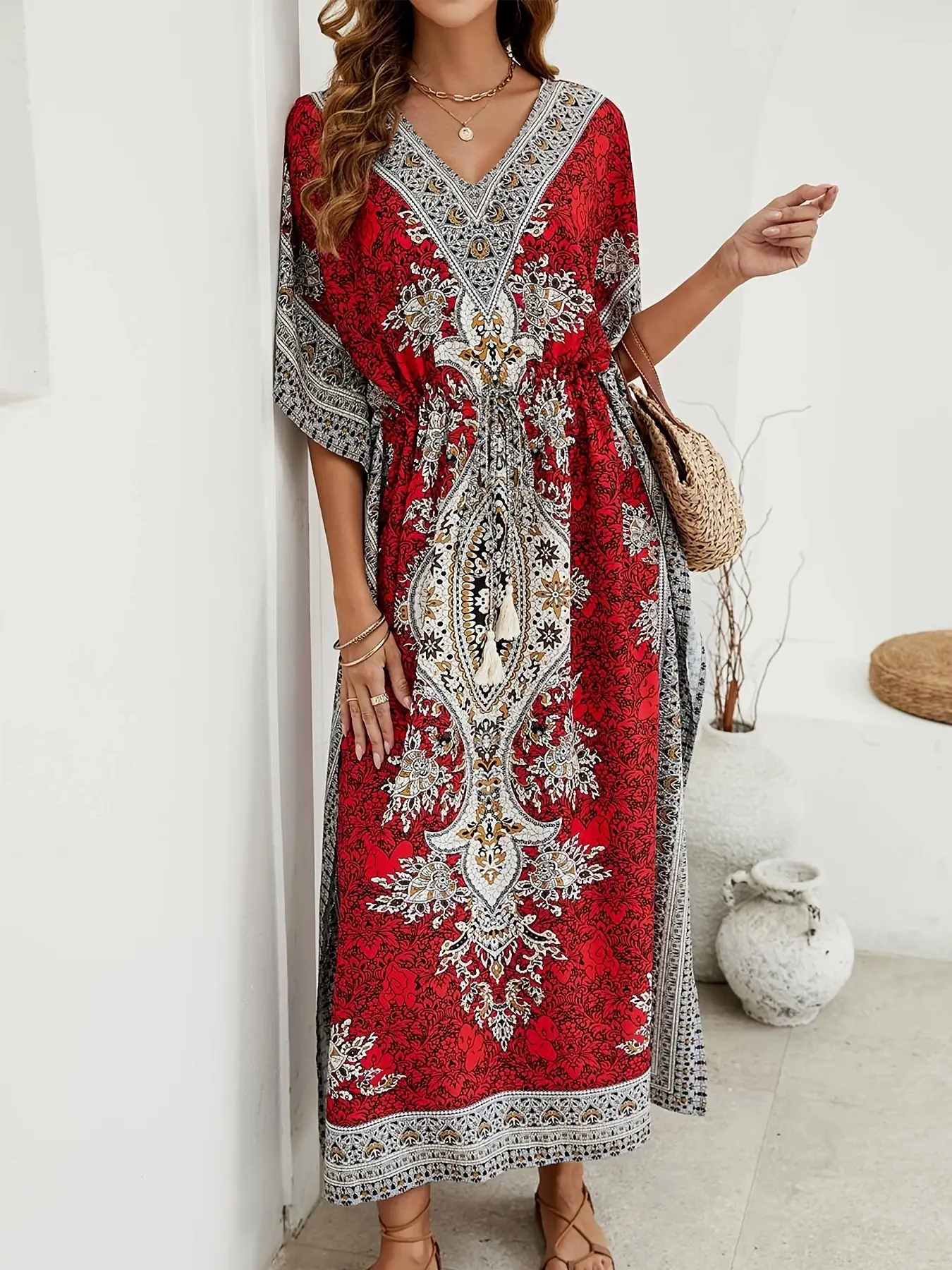 Women's Traditional Turkish Muslim Abaya, Islamic Modesty Clothes, Summer Print Casual Beach Fringe Tie Dress, Elegant Long Robe for Women