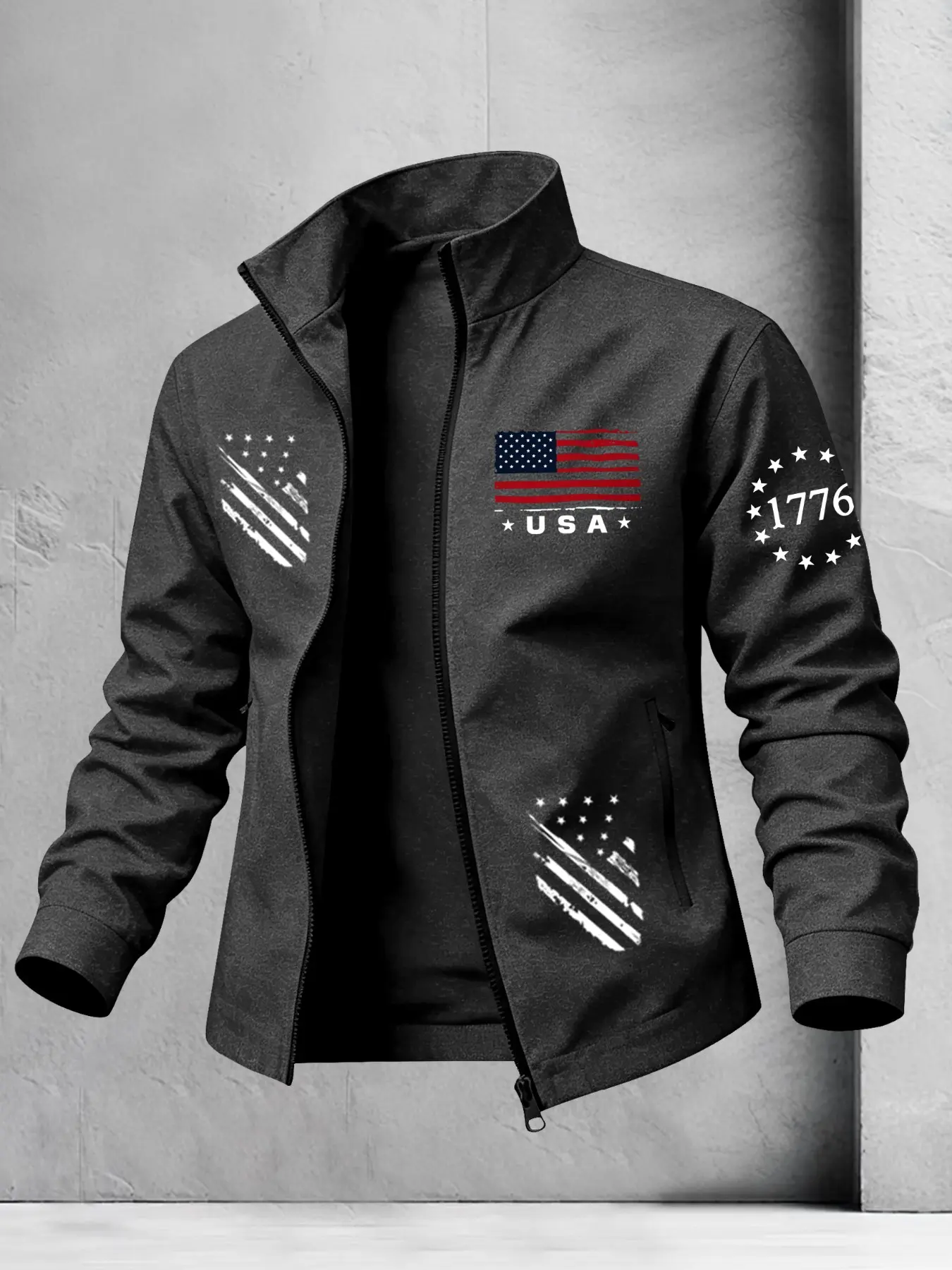 Men's Stand Collar Full Zip Jacket, Vintage Washed 1776 American Flag Star-Stripe Prints on Chest, Sleeves & Hem, Patriotic Daily Outdoor Coat, Fall Jackets for Holiday Street Outfits#DistressedUSAFlagCoat #1776FreedomPrintOuterwear