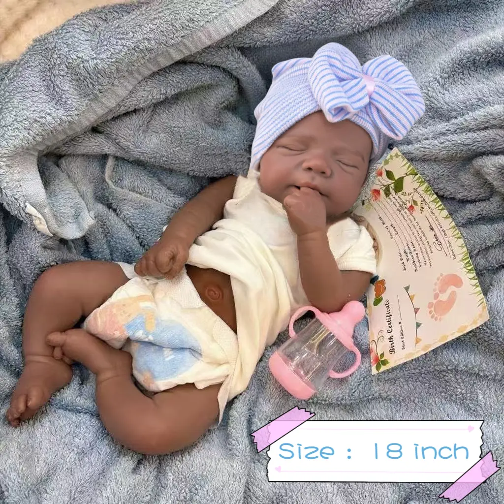 18 in/45 cm Full Body Silicone Baby Reborn Doll, Realistic African American Black Girl Doll with Poseable Limbs, Bathable Anatomically Correct Newborn for Nurturing Play