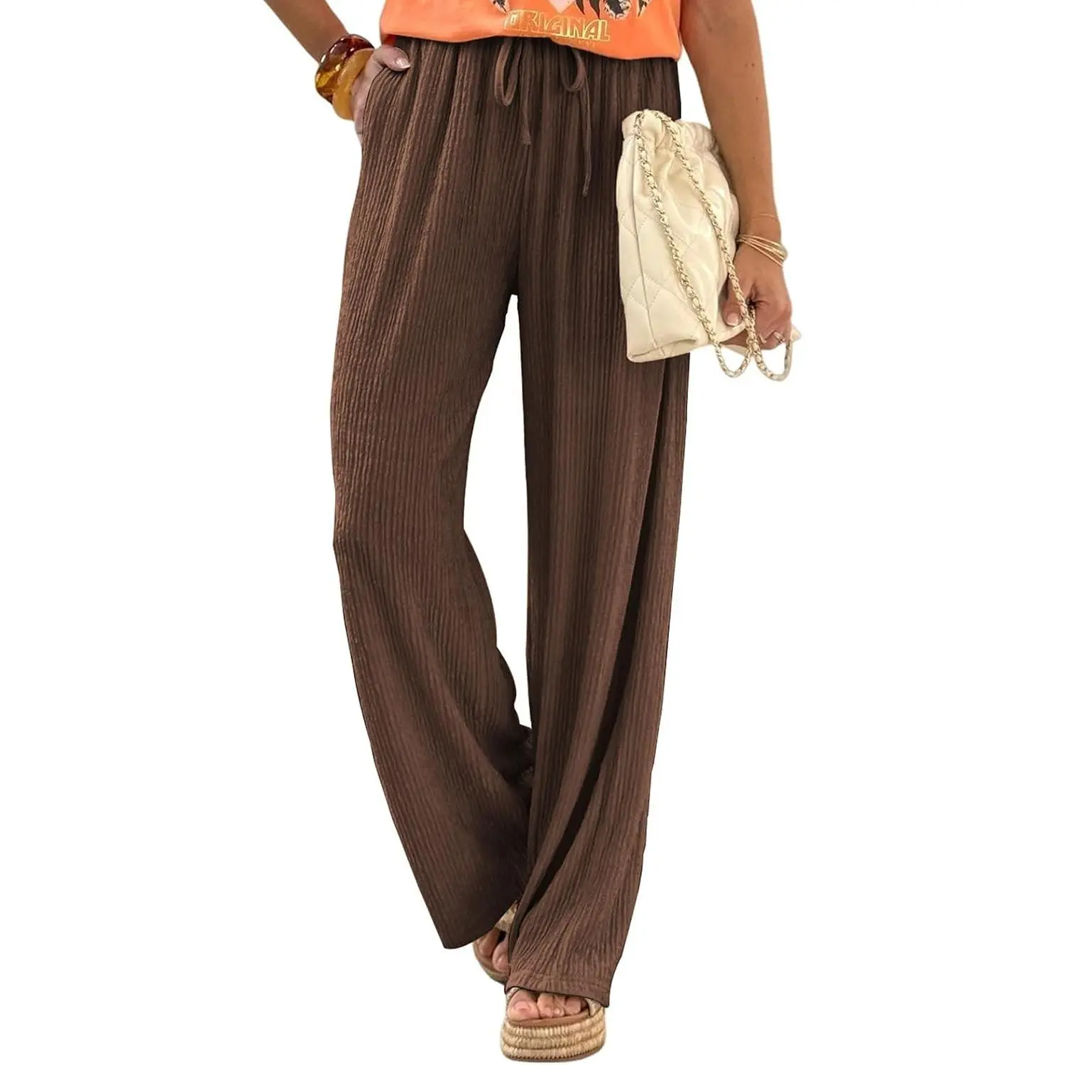 Women's Stretchy Linen Bottoms - Casual Summer Flowy Wide Leg Drawstring Palazzo Pants, Adjustable Day Work Trousers with Pockets, Drape Fabric