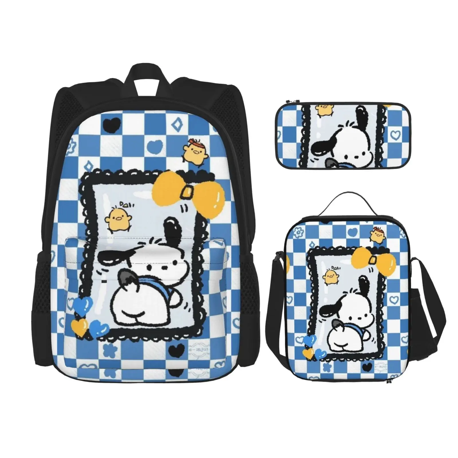 Pochacco Print Multi-Function 3-Piece School Backpack Set, Water-Repellent Oxford Laptop Daypack with Lunch Box and Pencil Case for School, Work, Multi Function Backpack, Reinforced Stitching, Back To School Haul