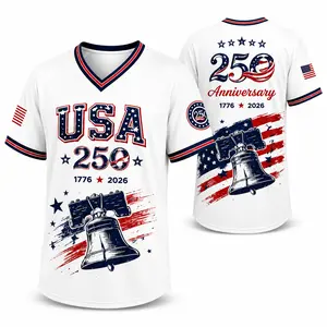 USA Baseball Jersey, 250th Anniversary Shirt for Men - 1776-2026 Patriotic V-Neck Tee with Liberty Bell, Red White Blue Stars Stripes, Independence Day Freedom Celebration Outfit