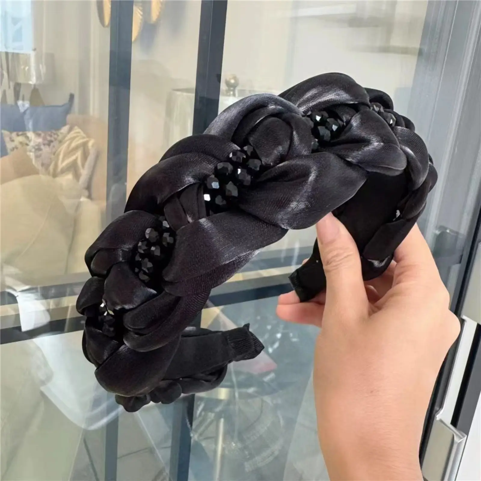 Women Braided Hair Headband Universal Elegant Daily Hair Accessories, Viral Black Satin Rhinestone Twist Braid Hair Band, Underrated Dainty Shiny Crystal Non-Slip Hair Hoop, Pleated Fabric Woven Inlaid Rhinestone Serrated Inner Frame Headband, Soft Smooth