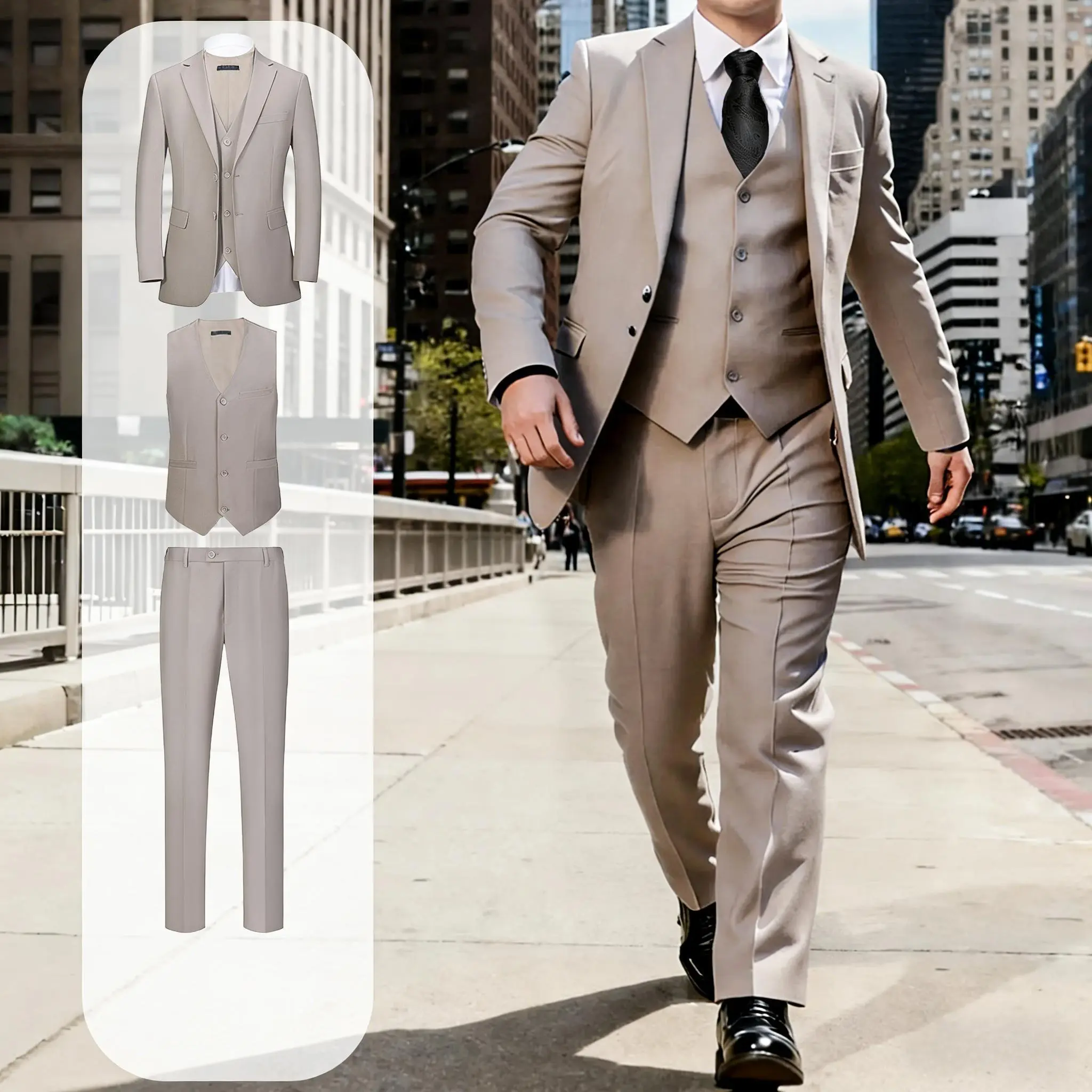 Men's Plus Size Champagne 3-Piece Classic Formal Wear Suit Set - Big & Tall Gentleman Style Tuxedo with Long Sleeve Polyester Blazer, Button Vest, Breathable Pants for Parties, Elegant, Party, Men's Outfit Sets, V-Neck, Business, 2Xl, Evening, Lapel, Adul