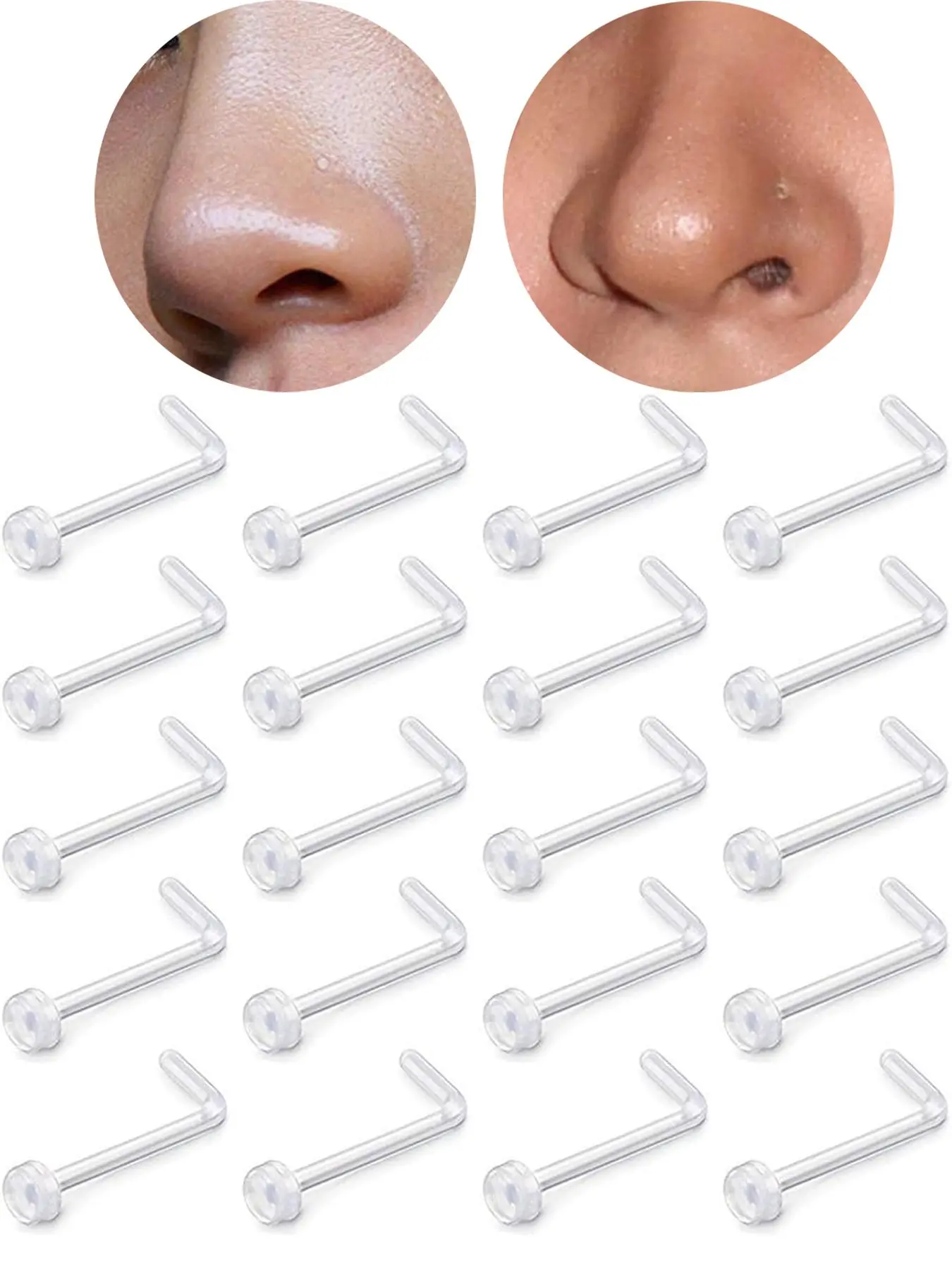 20pcs 18g Clear Nose Ring Retainer Bioflex L Shape Nose Rings Studs Piercing Jewelry Flat Top Flat Back Nose Stud L Shaped Nose Studs