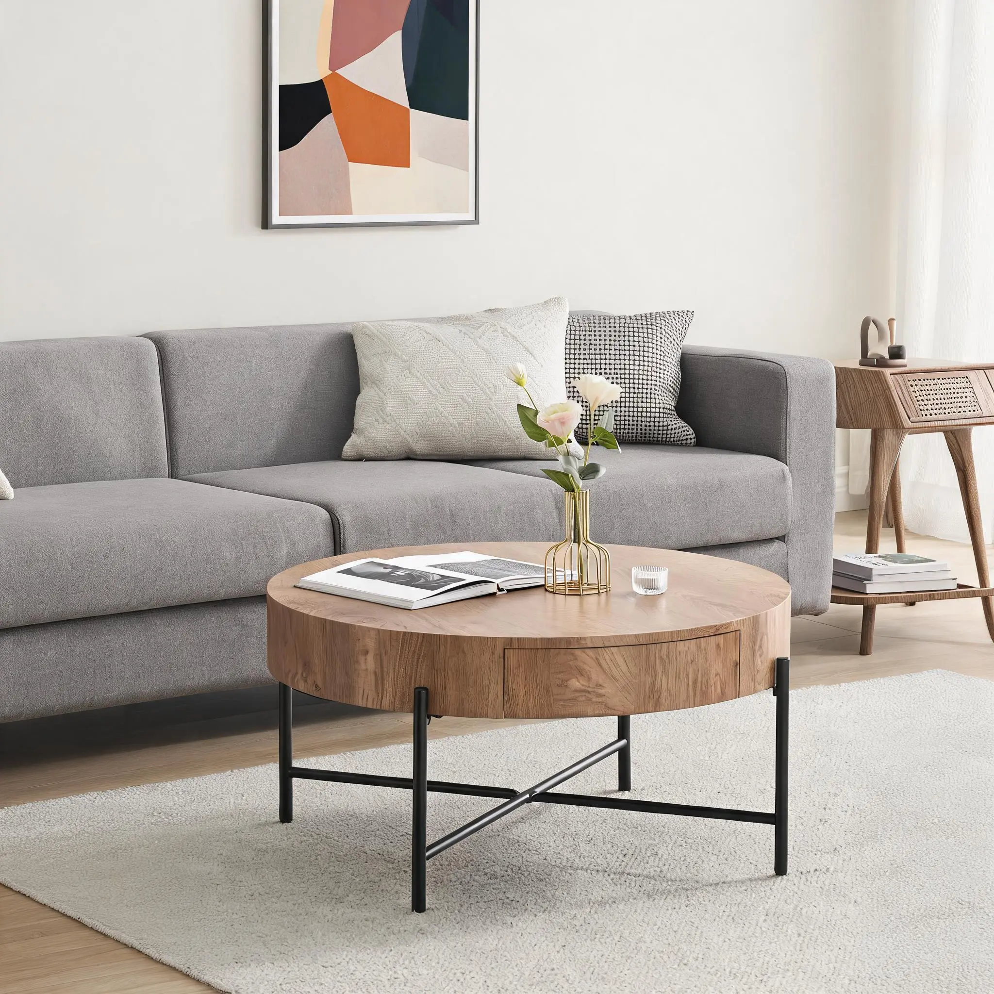 Round Farmhouse Wood Coffee Table with Spacious Storage, Drawers, Vintage Metal Legs, Natural Finish - Farmhouse Look Round Shape Living Room Center Table