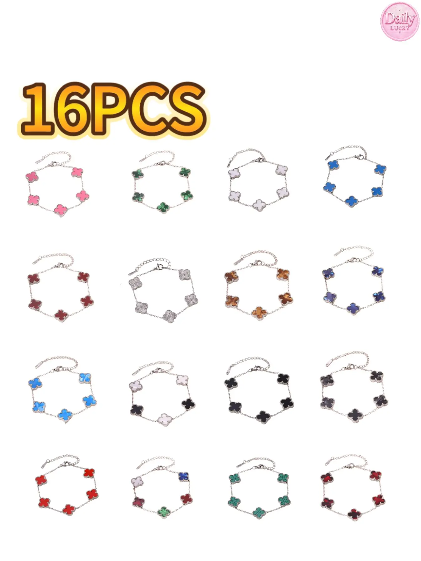 16pcs Clover Stainless Steel Bracelets, Perfect Holiday Gift, Cute Daily Wear, Durable Fashion Accessory for Women