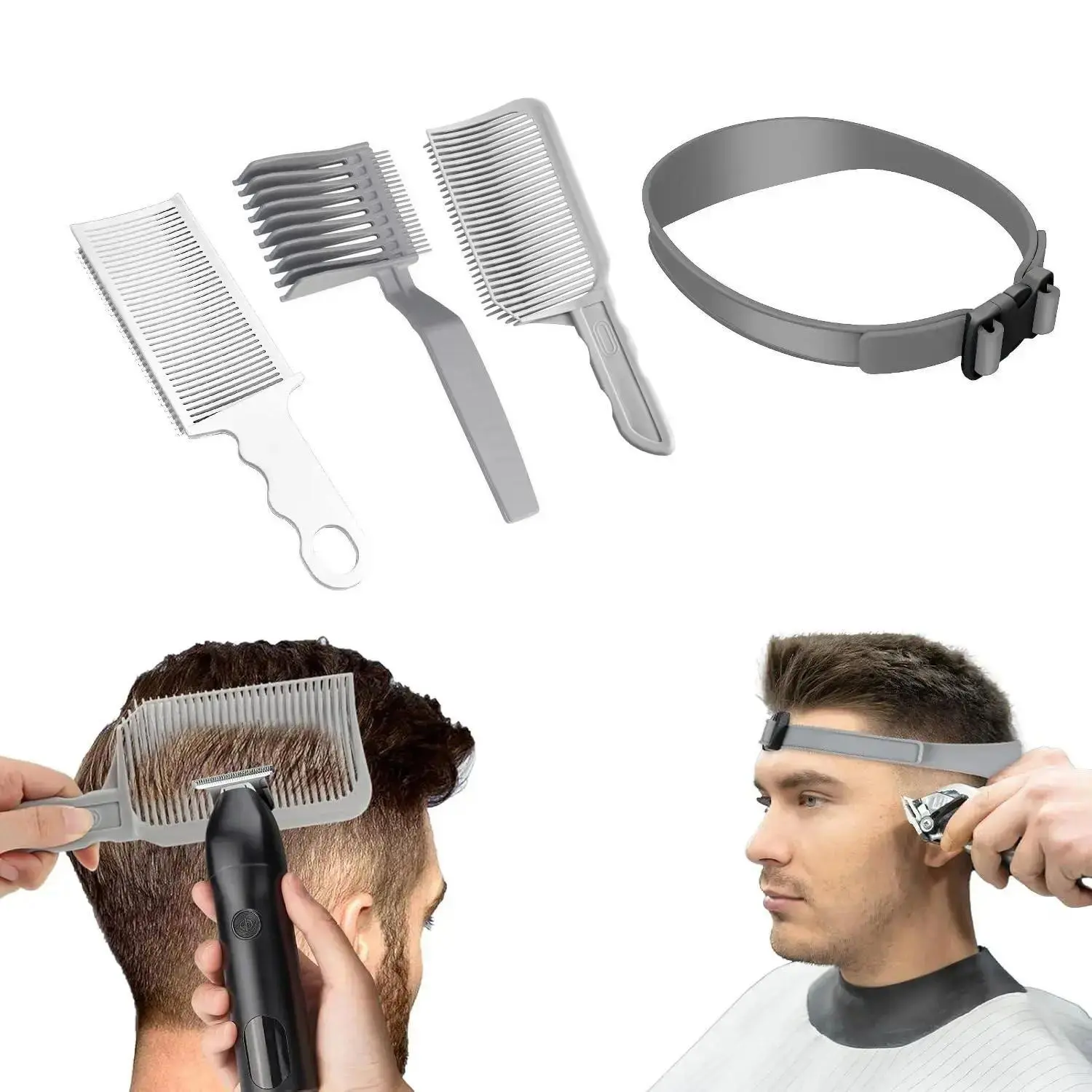 Unisex 4-Piece Haircut Grooming Kit - Professional Barber Haircare Equipment with Comb, Adjustable Silicone Band, Precision Guides, Heatless Tool for Home Indoor Recreation Trimming