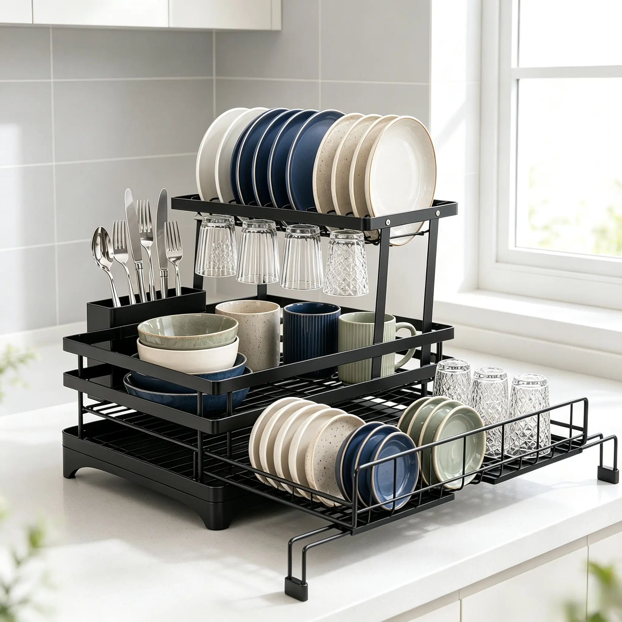 Foldable Over Sink Dish Drying Rack|Pull-Out 2-Tier Dish Drainer with Utensil Holder|Space Saving Kitchen