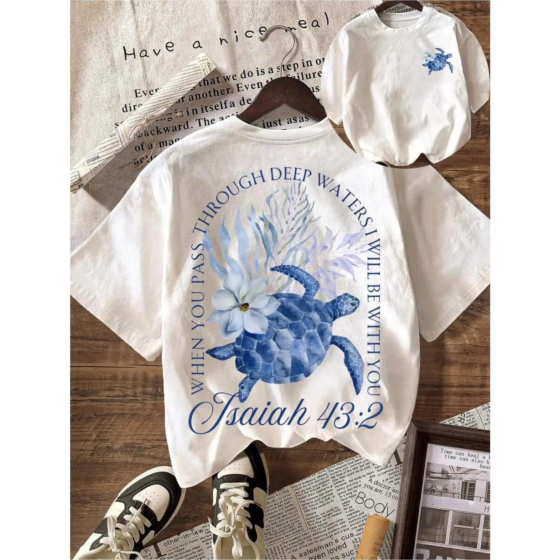 Women's Coastal Christian Graphic T-Shirt - Shortleeve Round Neck, Double-Sided Sea Turtle Ocean Life Bible Verse Print, Soft Breathable Loose Fit, Summer Vacation Daily Wear, Faith Gift Top for Women, Gifts for Girlfriend, Shortsleeve, Graphic T Shirts