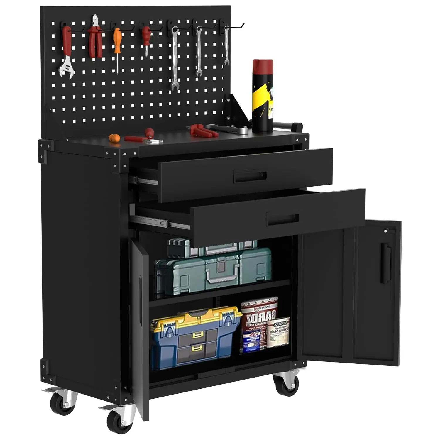 35" Heavy-Duty Steel Rolling Tool Cabinet with 2 Deep Drawers & Locking Casters, Adjustable Shelves, Built-In Pegboard, Garage, Workshop, Warehouse Storage Organizer, Mobile Workbench