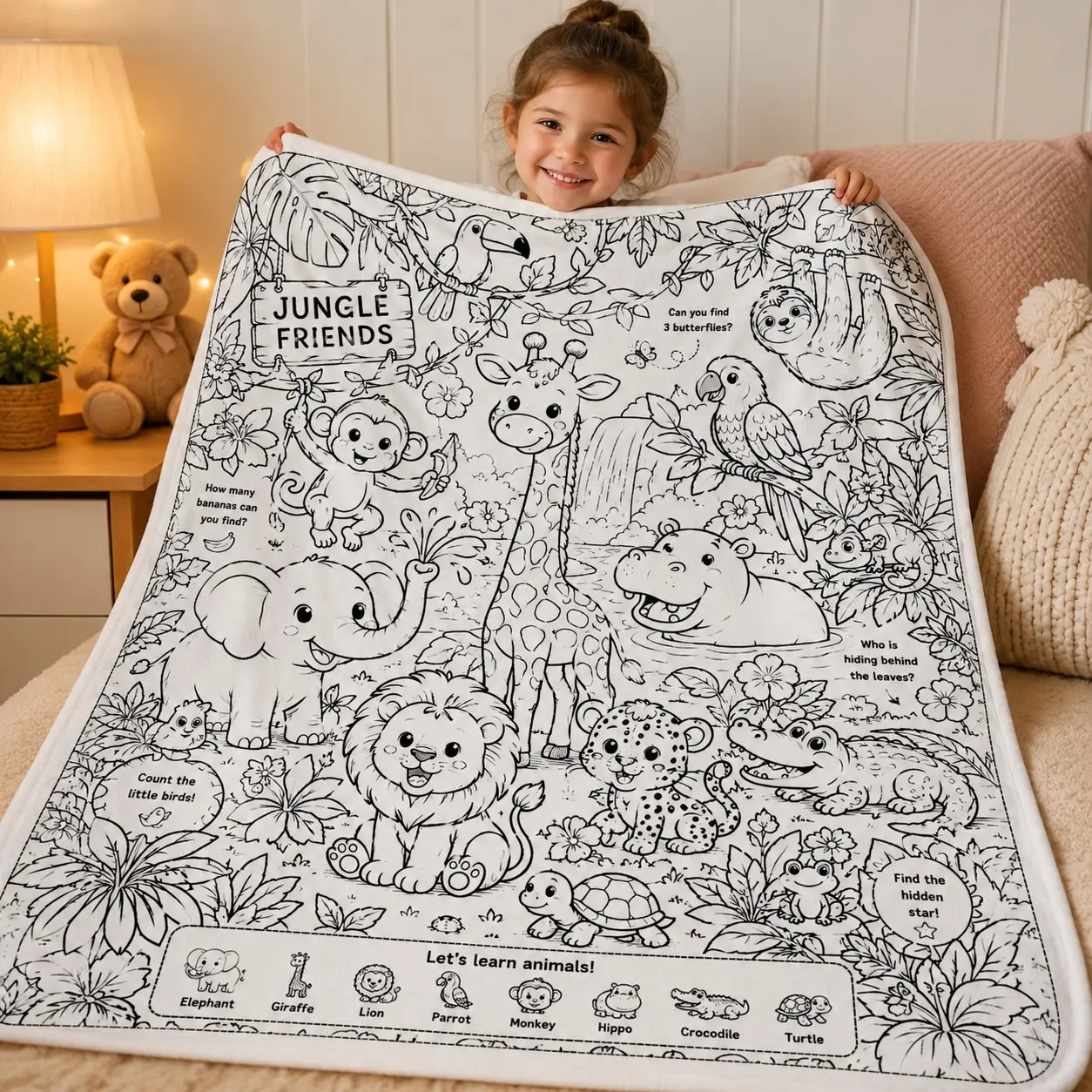 Coloring Educational Blanket, Jungle Friends Tropical Animal Theme, Soft Flannel Washable, Interactive Learning Toy