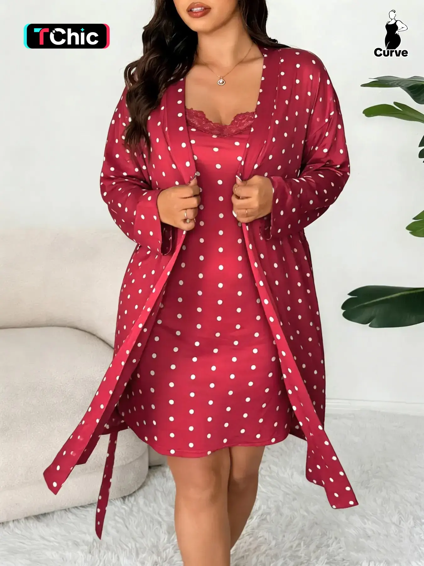 Plus Size Women's 2-Piece Nightwear Set, Polka Dot Print Nightdress + Robe, Soft Home Sleepwear, Casual Loungewear, Soft Nightgown