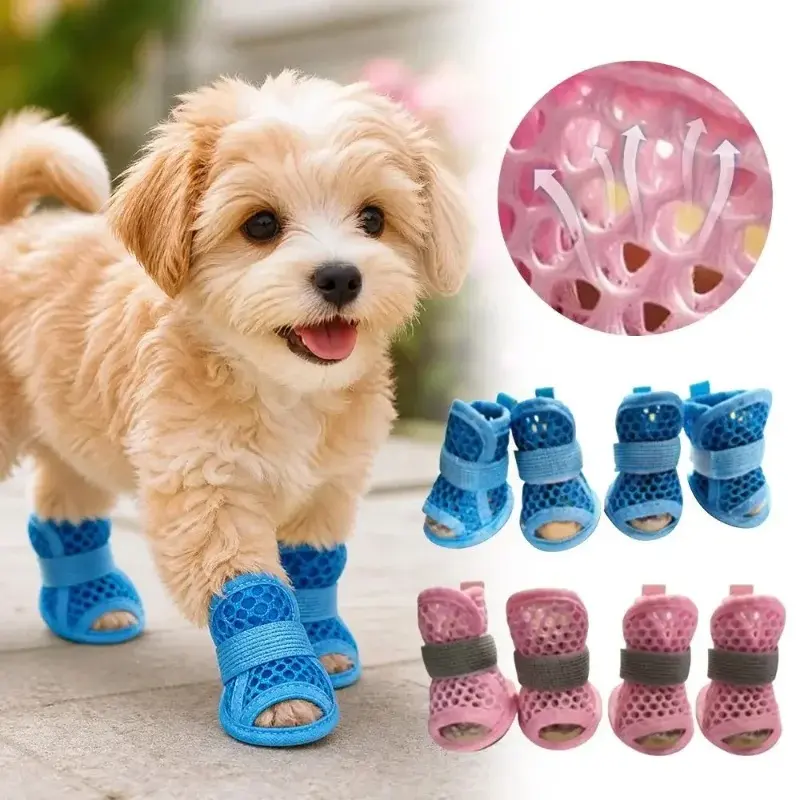 4-Piece Breathable Mesh Dog Shoes, Non-Slip Summer Paw Protector Booties for Small Dogs and Puppies
