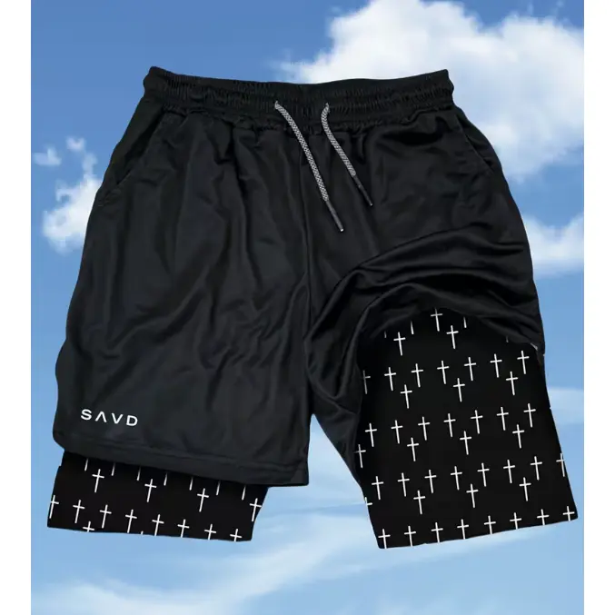 All Over Cross 2 in 1 Gym Shorts Men Full White Cross Pattern Lined 2-in-1 Athletic Shorts Mens SAVD Logo Performance Training Basketball Surf Faith Shorts